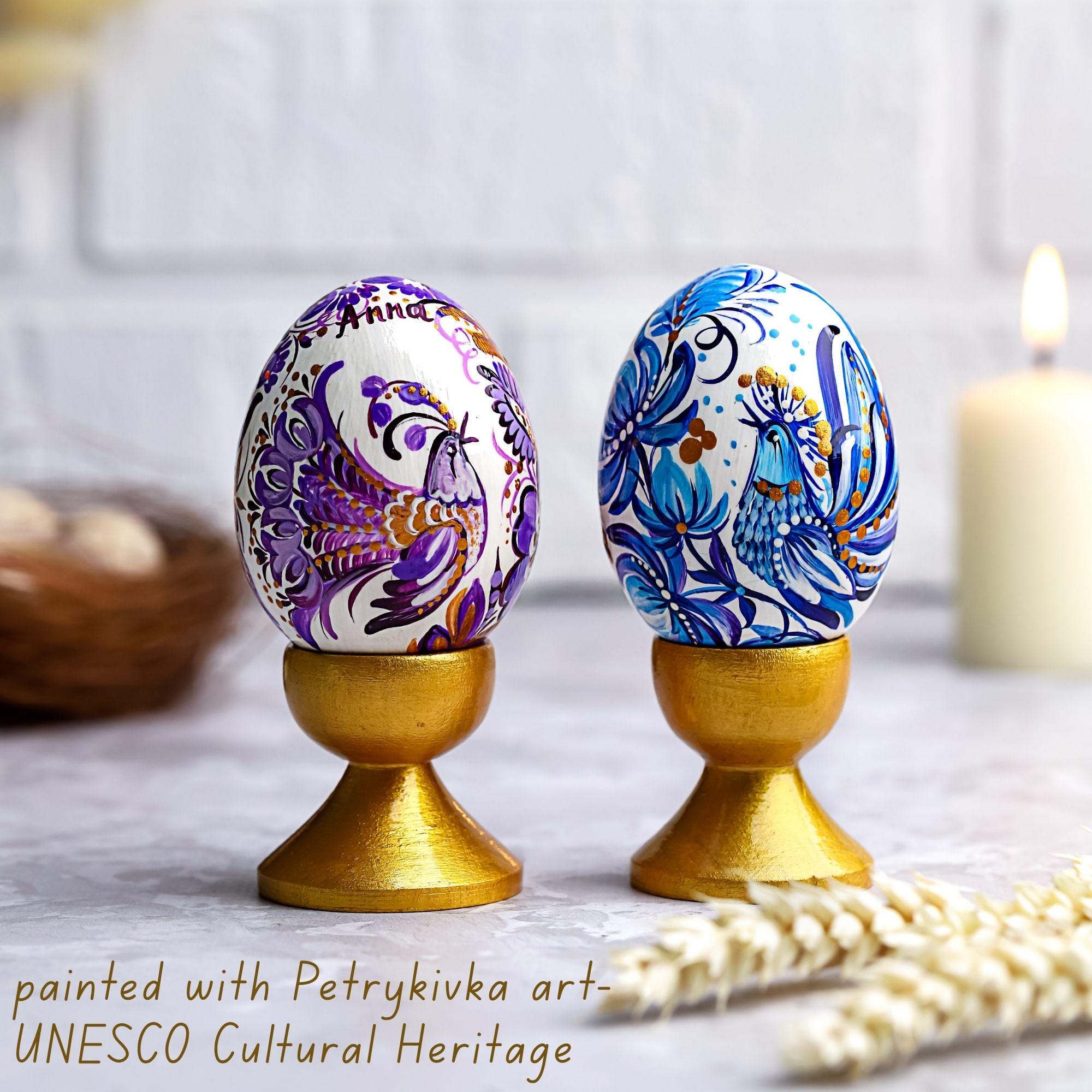 Painted Wooden Bird Easter Egg - Personalized Ukrainian Pysanky with Petrykivka Art