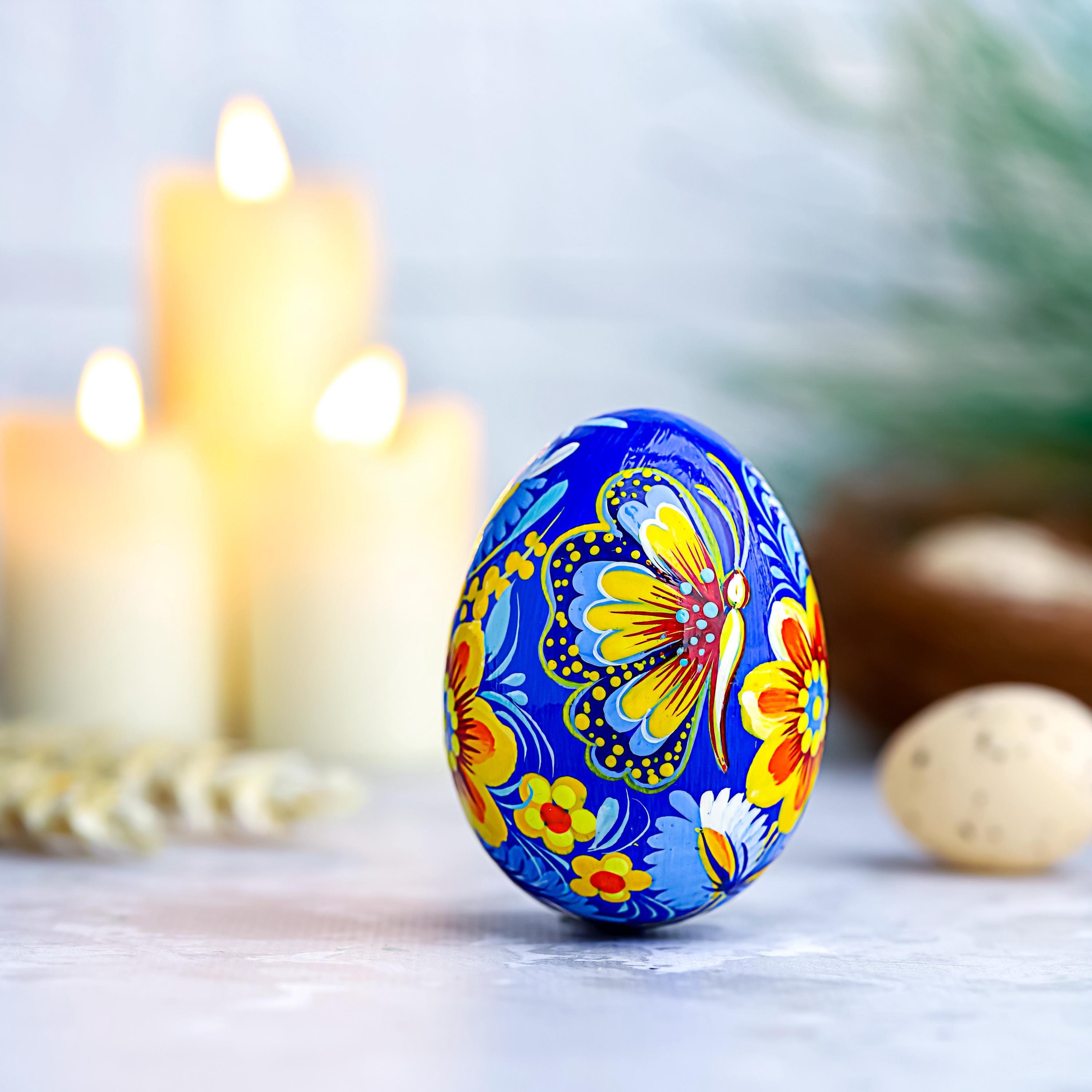Painted Wooden Butterfly Easter Egg - Personalized Ukrainian Pysanky with Petrykivka Art