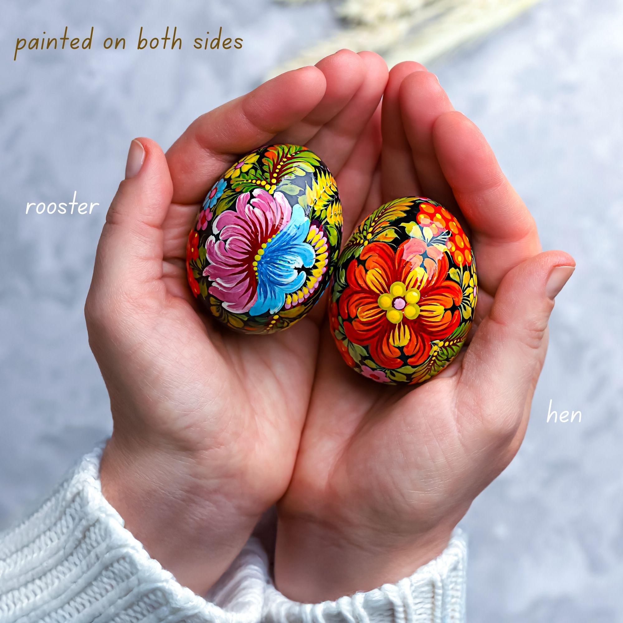 Painted Wooden Chicken Egg Ornament - Hanging Ukrainian Pysanky - Petrykivka Rooster & Hen Easter Decoration