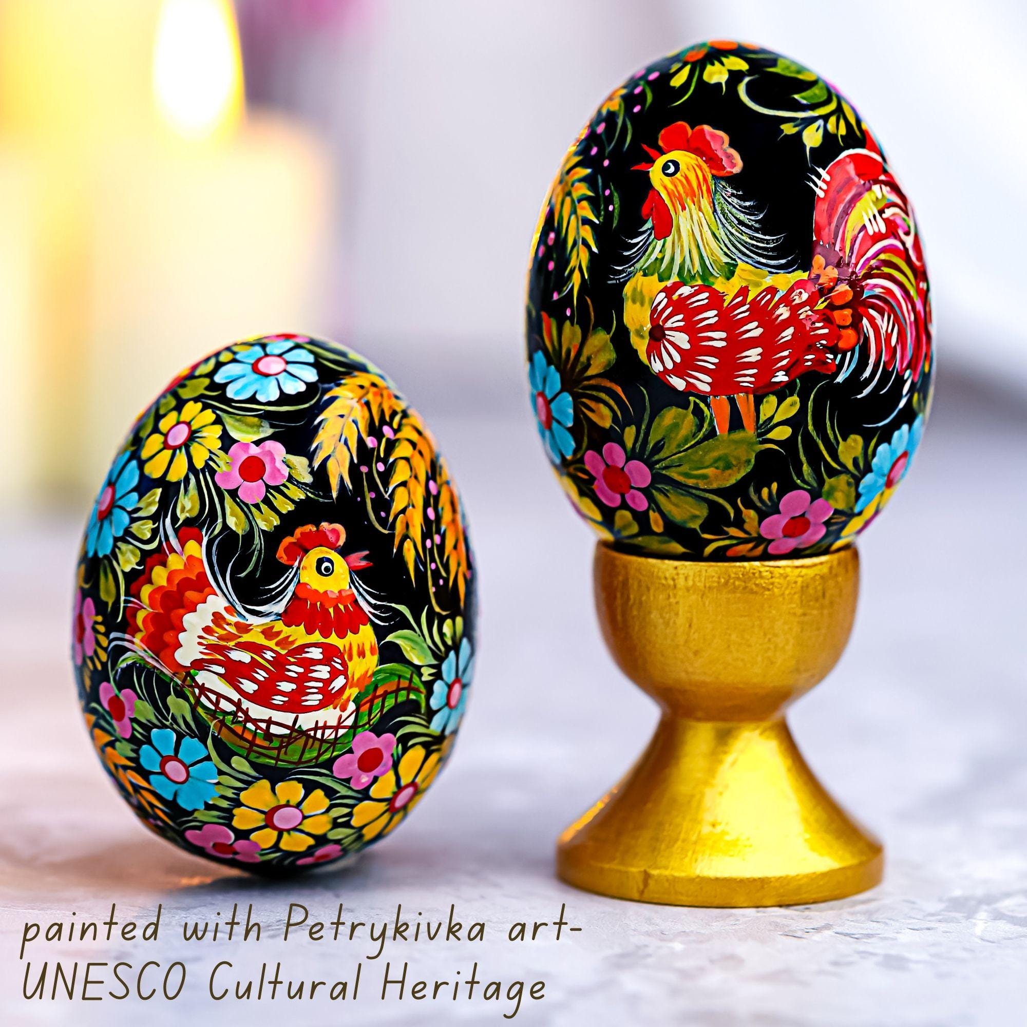Painted Wooden Chicken Egg - Ukrainian Pysanky - Petrykivka Rooster & Hen Easter Decoration