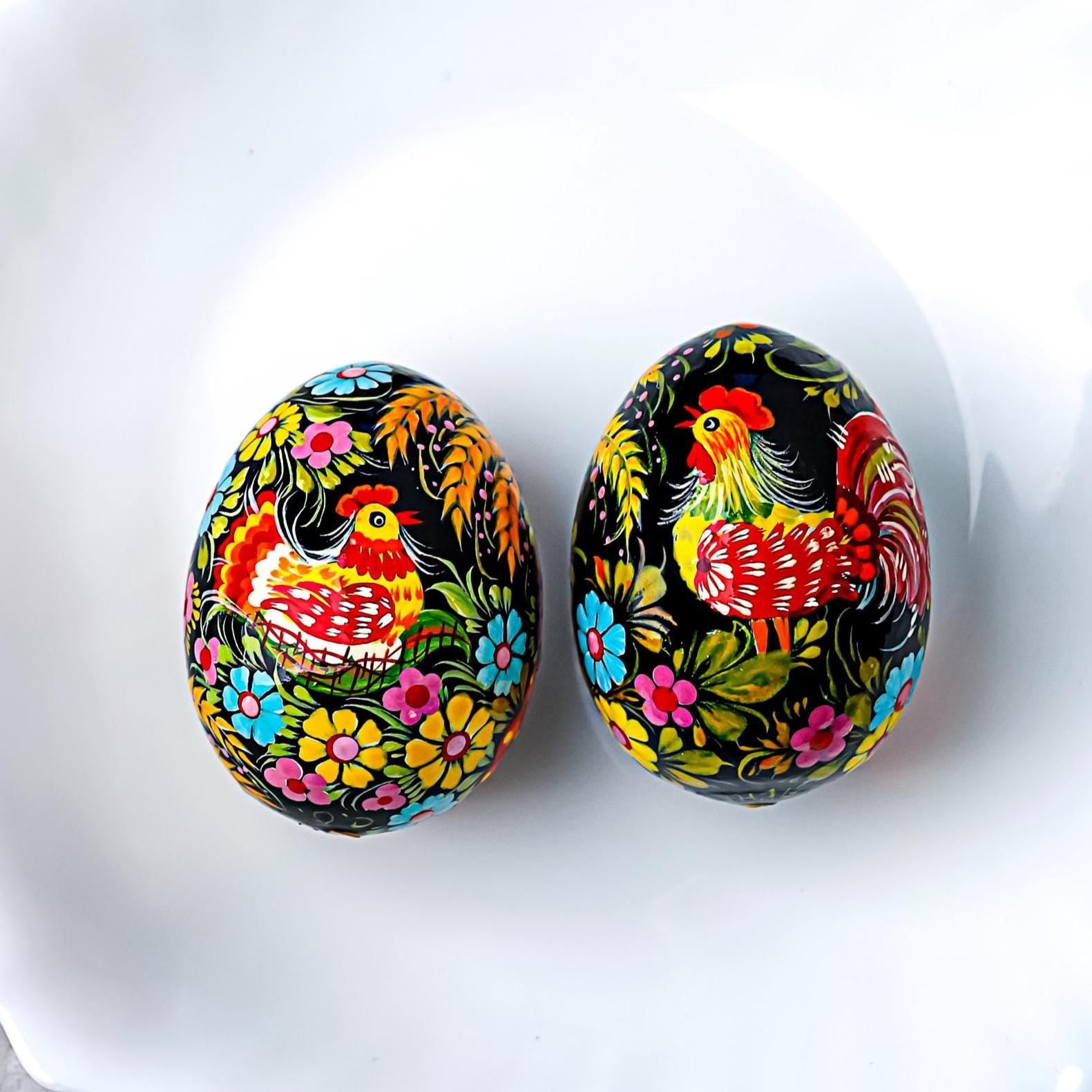 Painted Wooden Chicken Egg Ornament - Hanging Ukrainian Pysanky - Petrykivka Rooster & Hen Easter Decoration