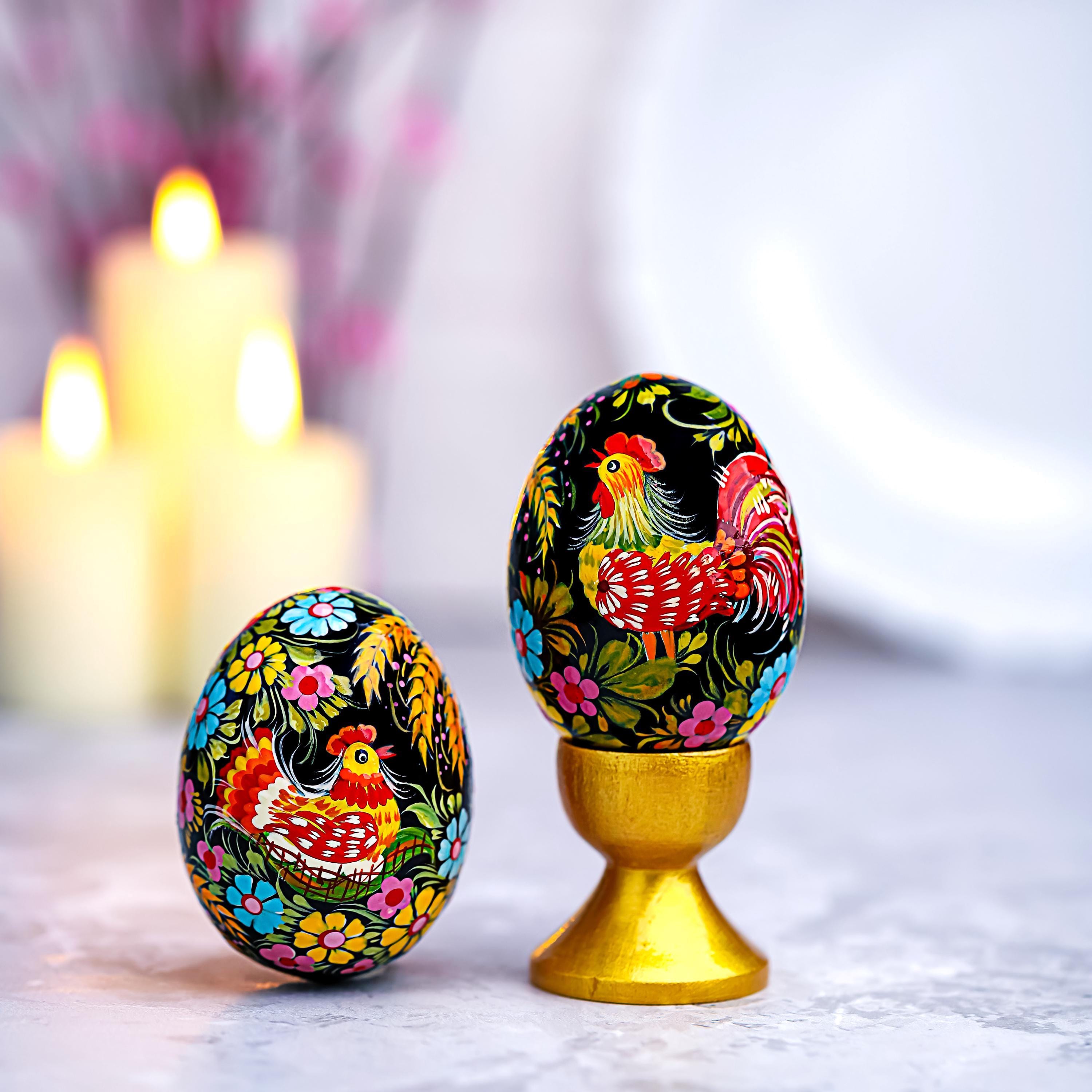 Painted Wooden Chicken Egg - Ukrainian Pysanky - Petrykivka Rooster & Hen Easter Decoration