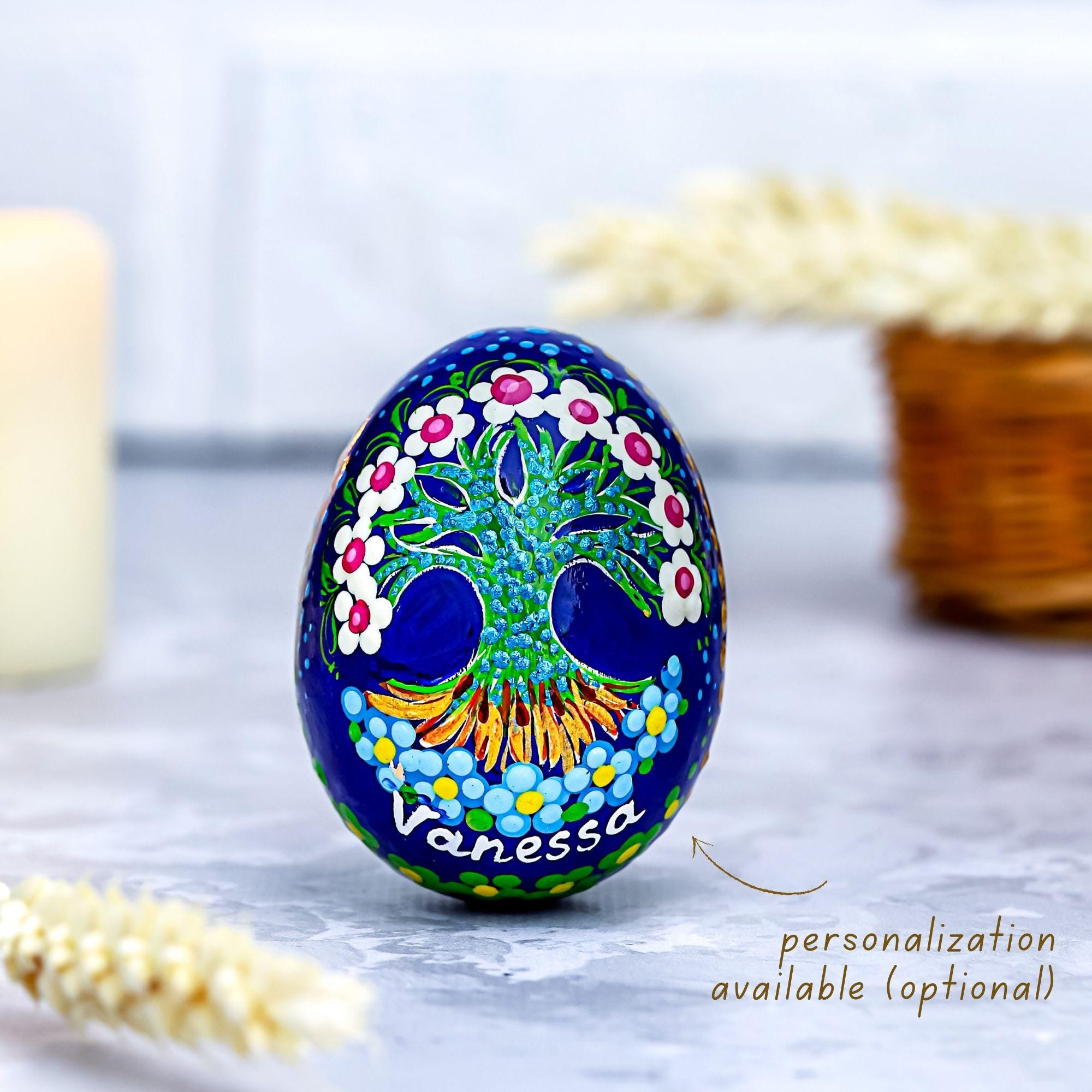 Hand-painted Wooden Egg - Personalized Tree of Life Easter Decoration, Ukrainian Petrykivka Pysanky Eggs