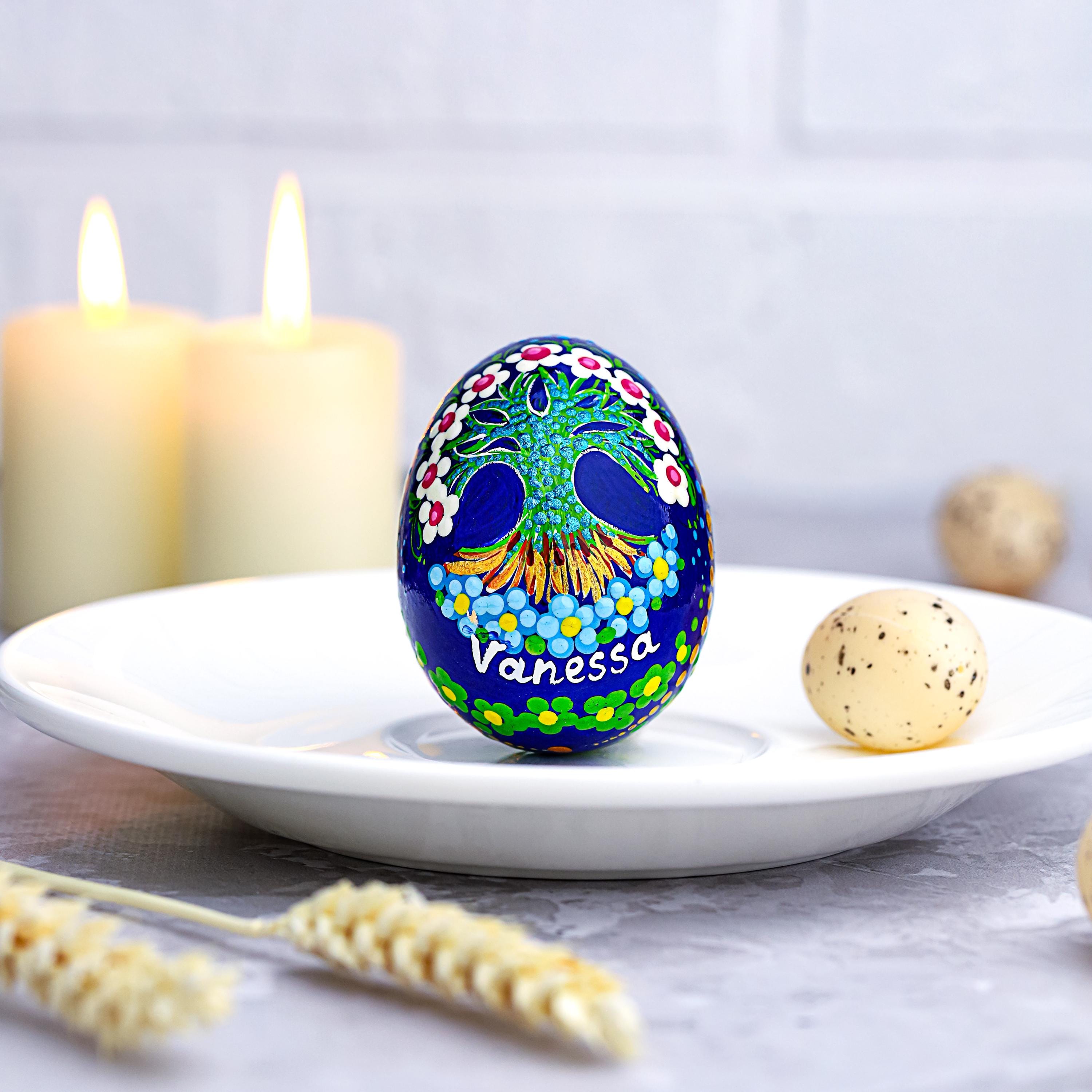 Hand-painted Wooden Egg - Personalized Tree of Life Easter Decoration, Ukrainian Petrykivka Pysanky Eggs