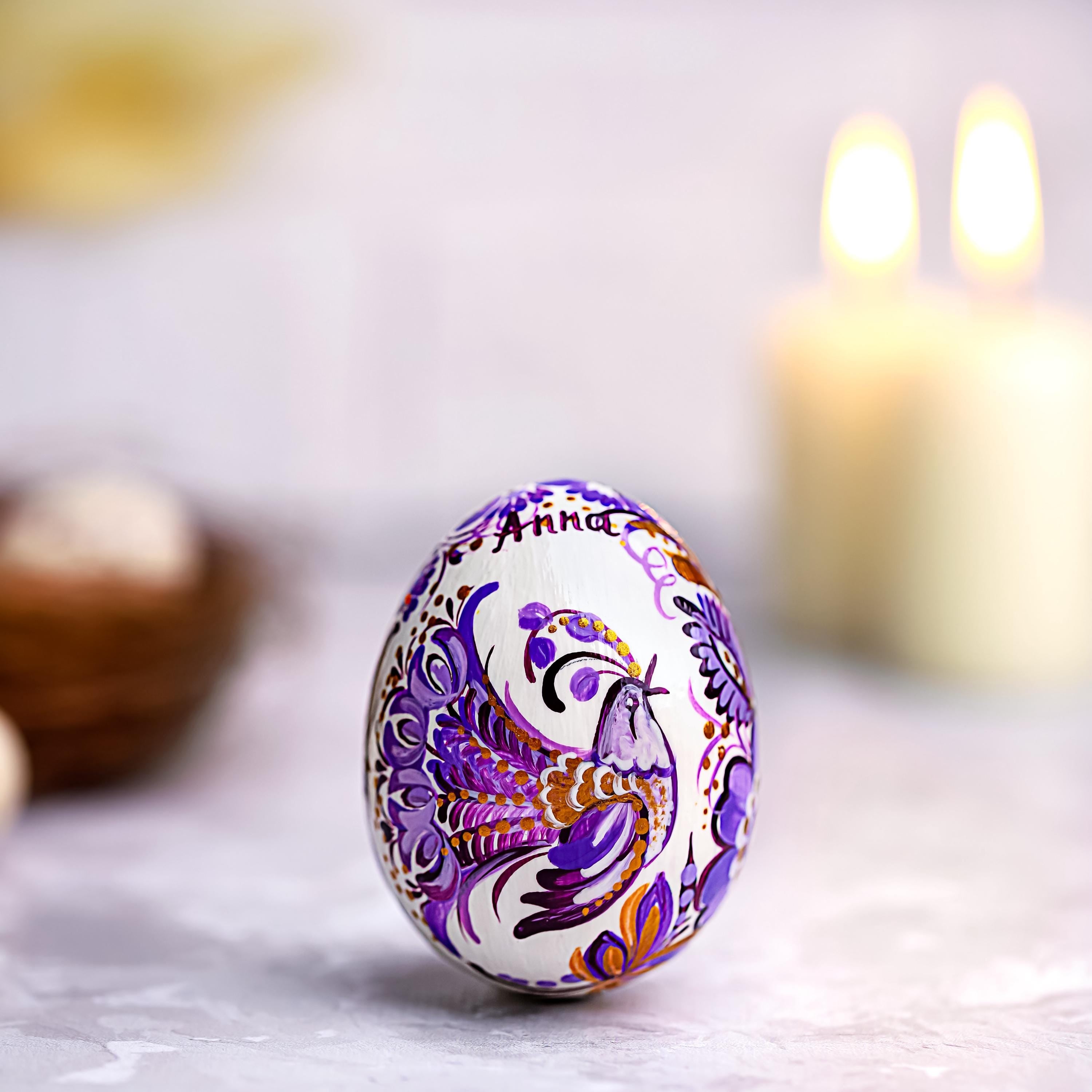 Painted Wooden Bird Easter Egg - Personalized Purple Bird Ukrainian Pysanky with Petrykivka Art