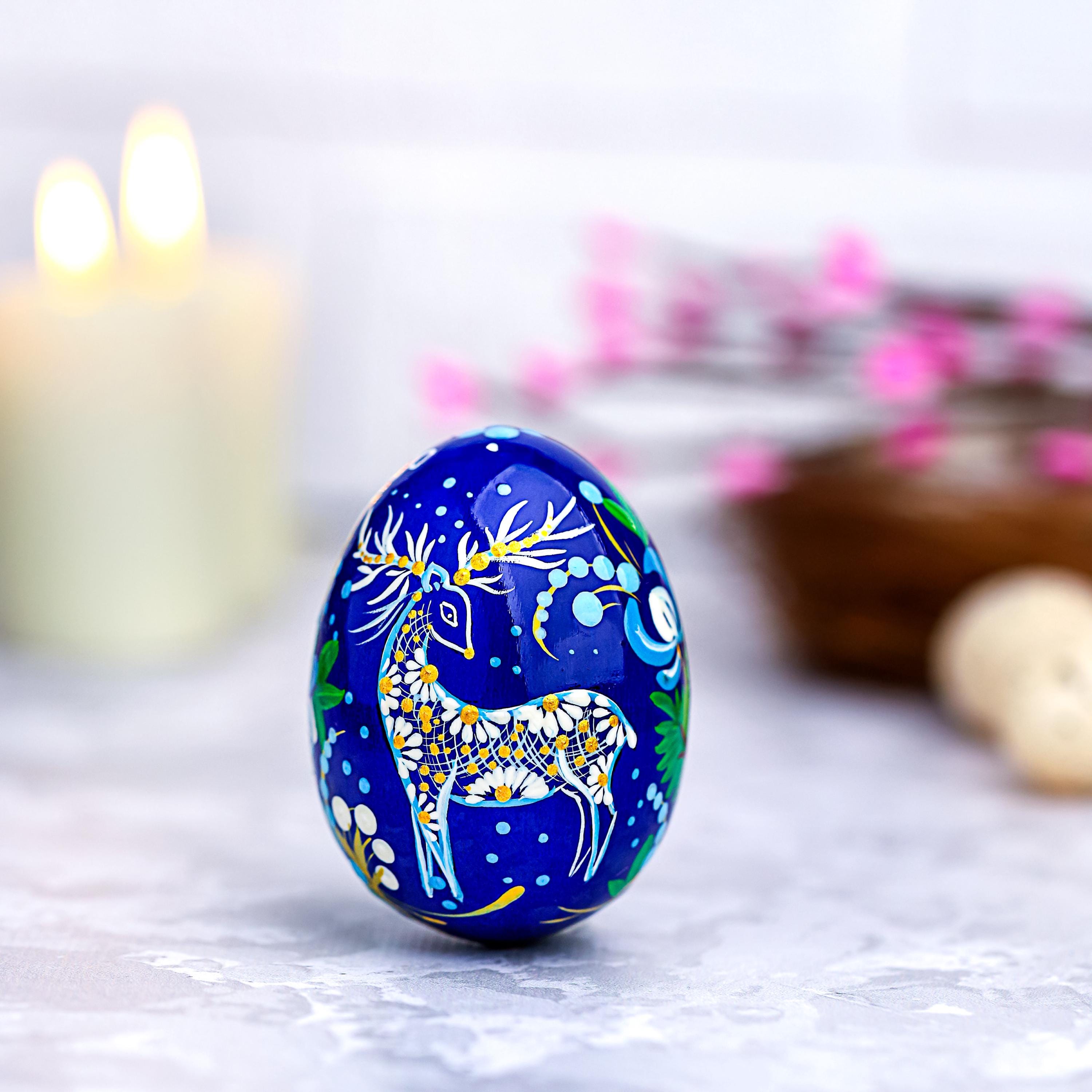 Painted Wooden Egg - Personalized Deer Easter Decoration, Ukrainian Petrykivka Pysanky Eggs