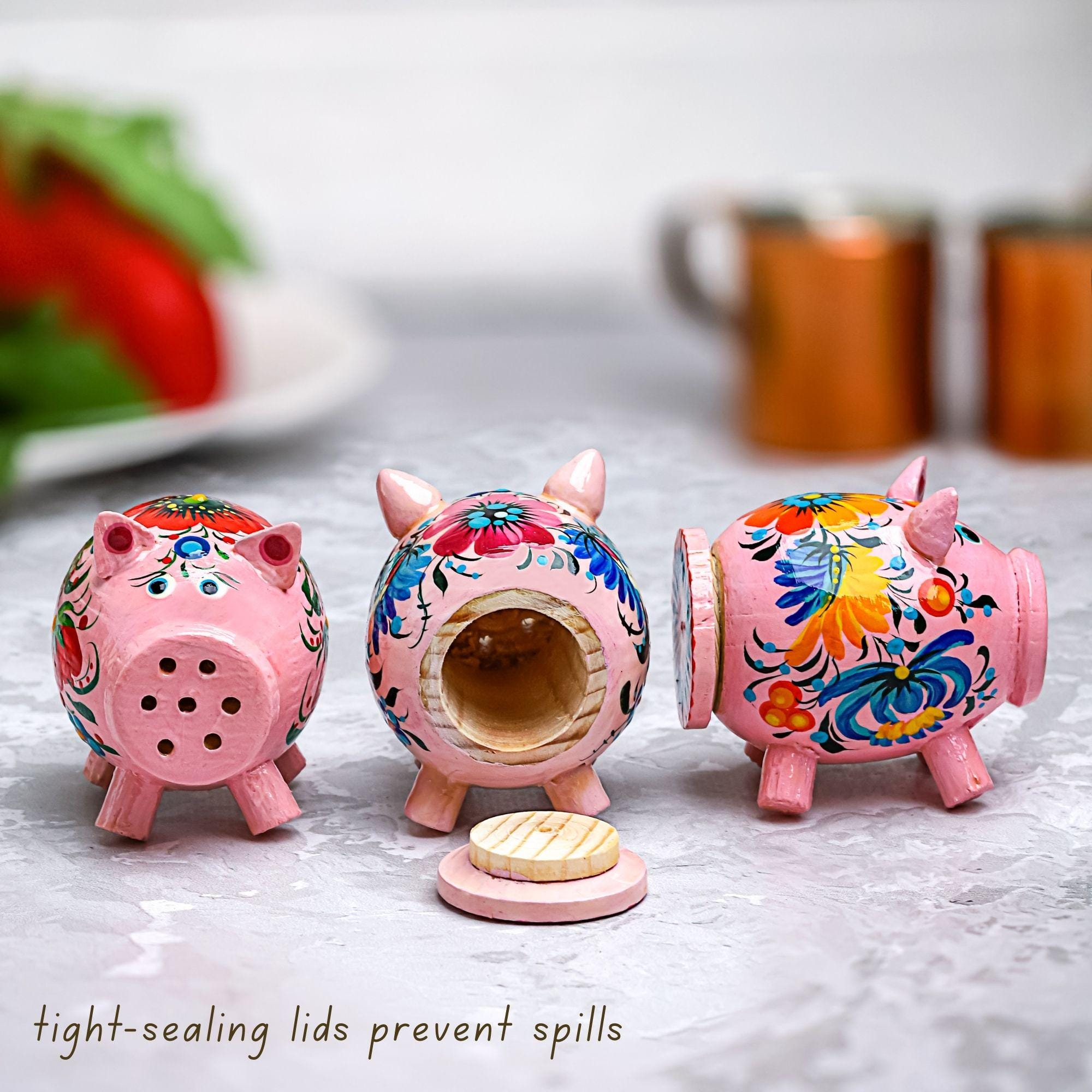 Wooden Pig Salt & Pepper Shaker Hand Painted with Petrykivka Art, Tight-Seal Lid