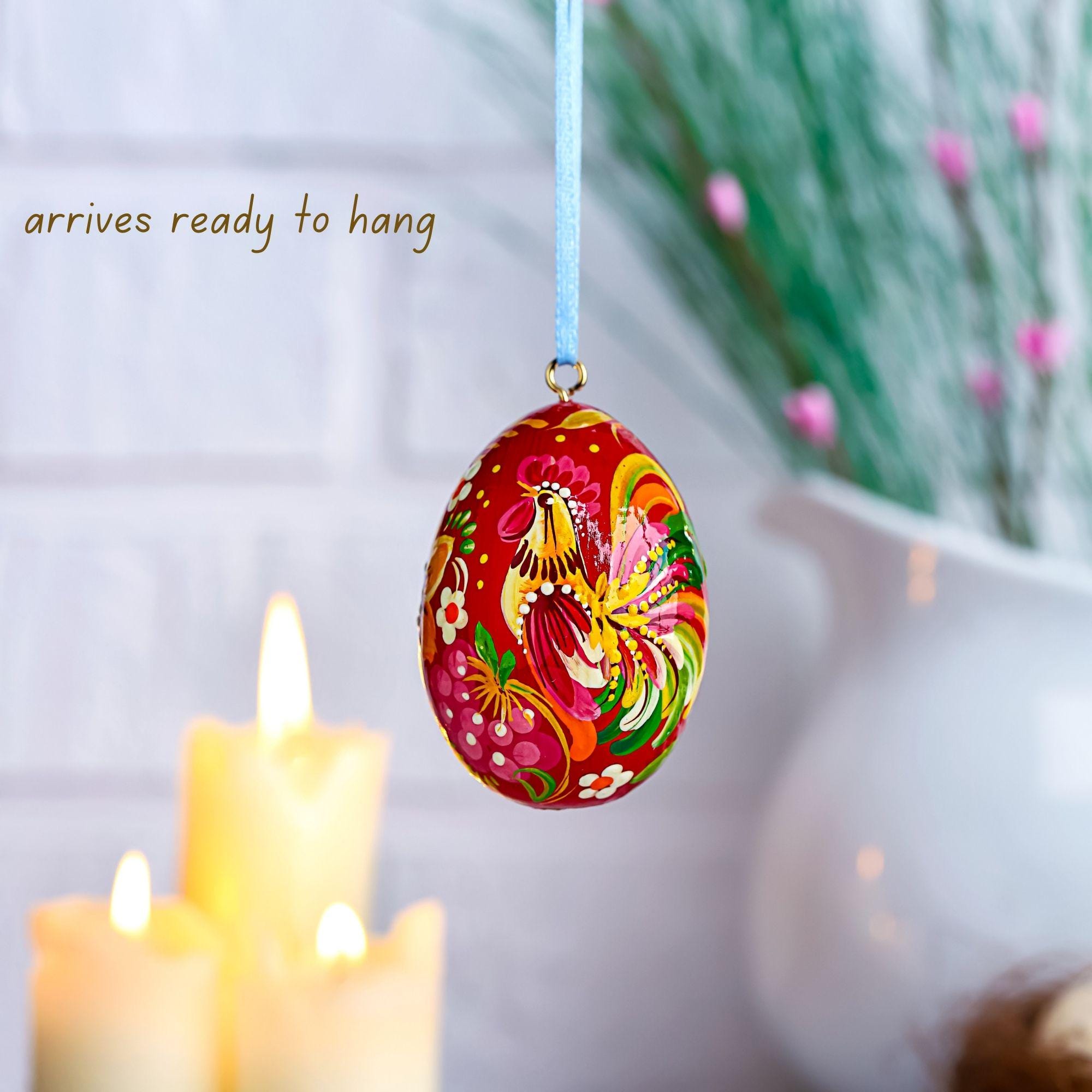 Painted Wooden Rooster Egg Ornament - Hanging Ukrainian Pysanky - Petrykivka Easter Decoration