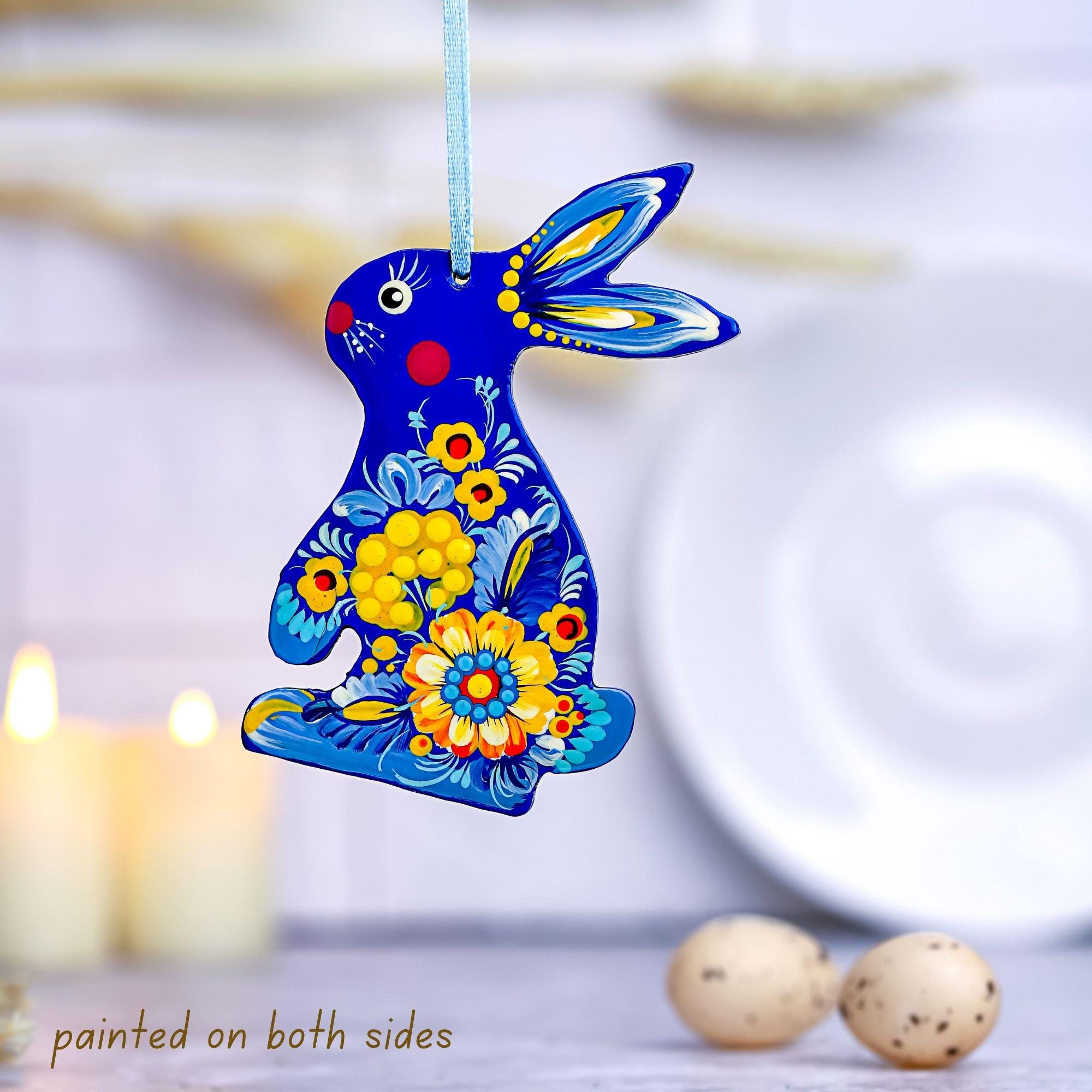Painted Wooden Easter Bunny Ornament - Personalized Ukrainian Petrykivka Decoration