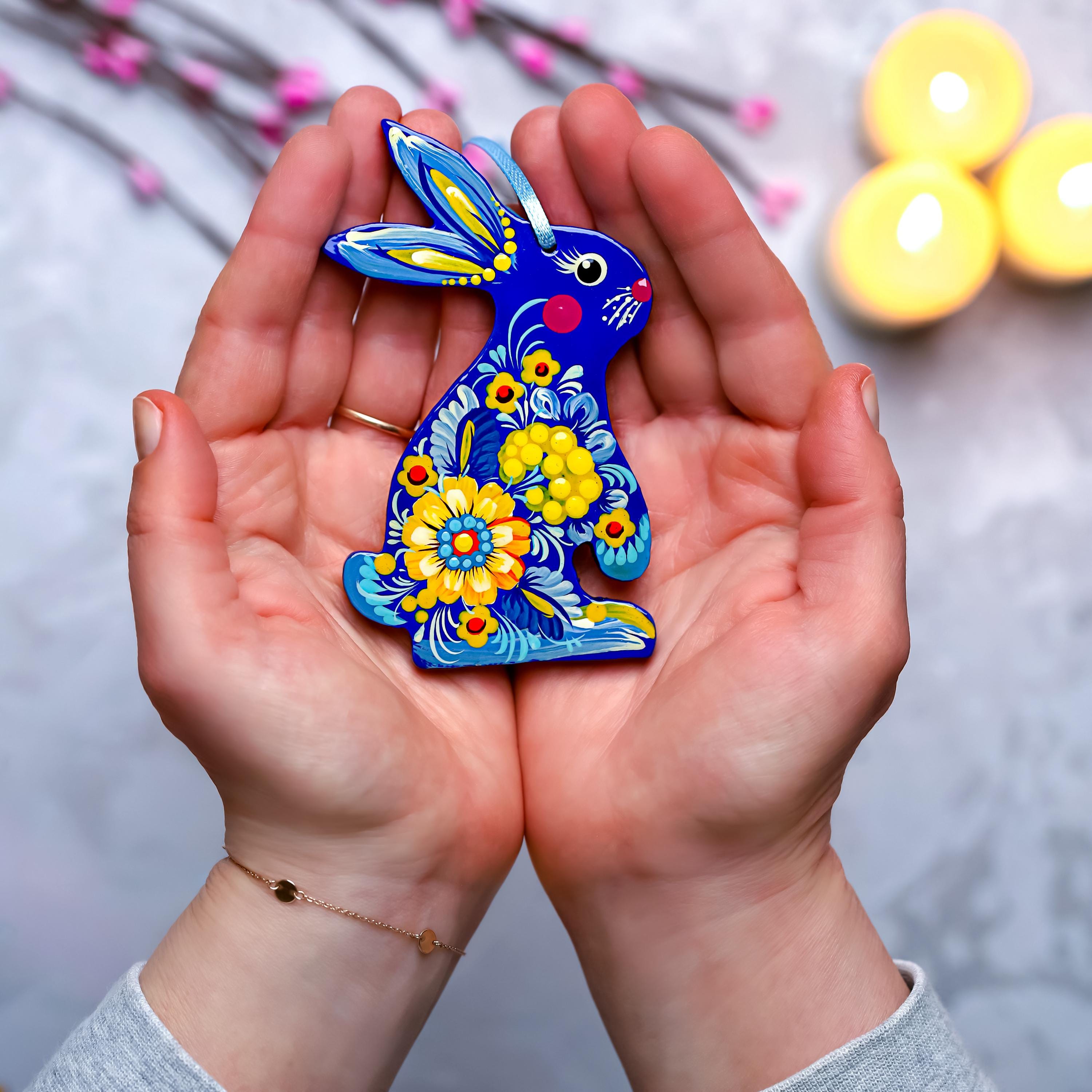 Painted Wooden Easter Bunny Ornament - Personalized Ukrainian Petrykivka Decoration