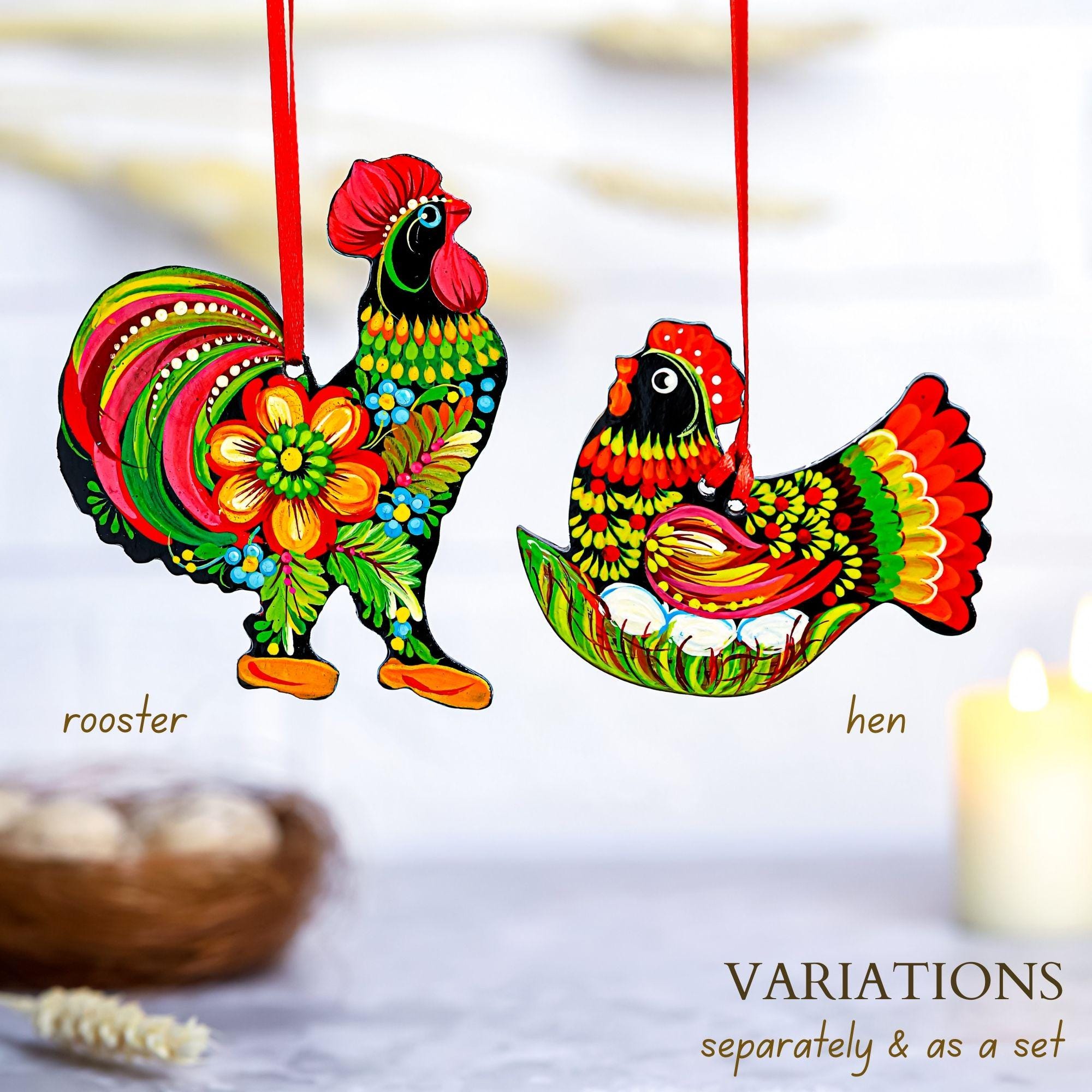 Painted Wooden Chicken Ornament - Personalized Ukrainian Petrykivka Easter Decoration