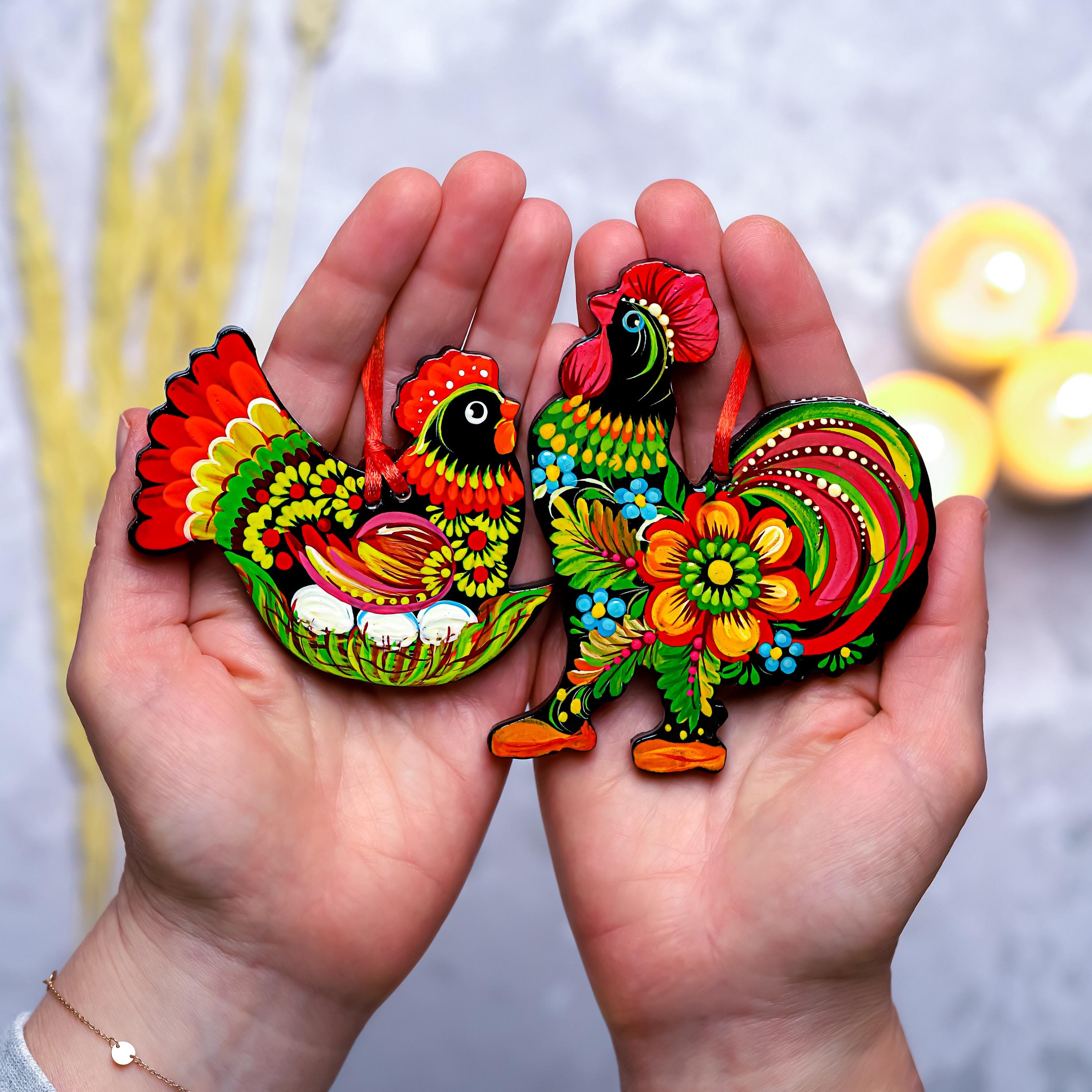 Painted Wooden Chicken Ornament - Personalized Ukrainian Petrykivka Easter Decoration