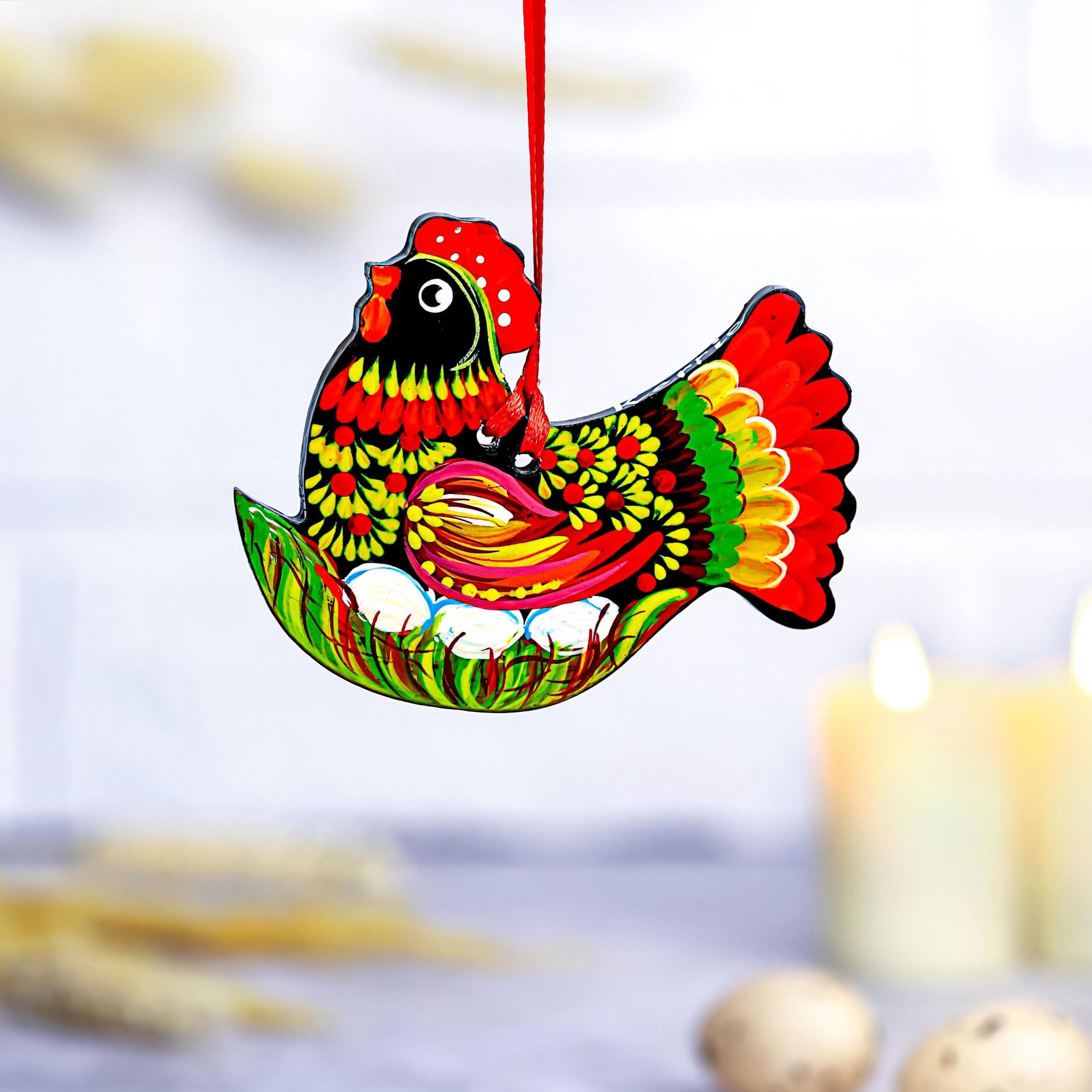 Painted Wooden Chicken Ornament - Personalized Ukrainian Petrykivka Easter Decoration