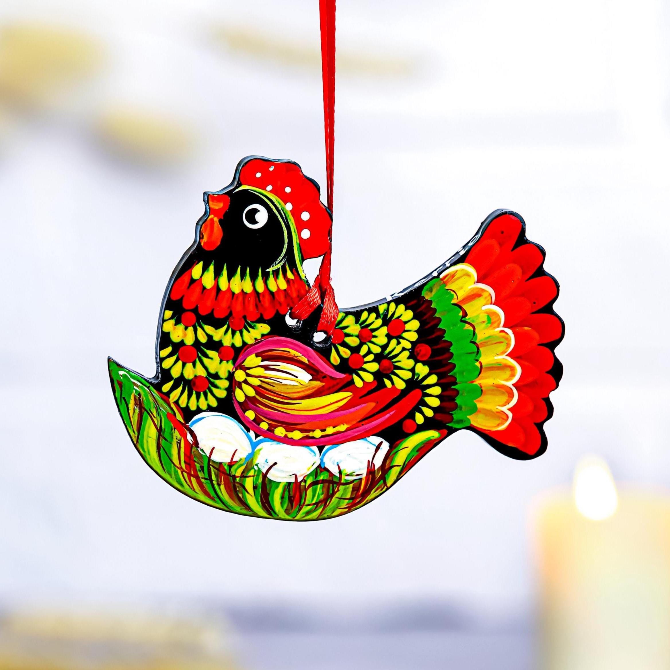 Painted Wooden Chicken Ornament - Personalized Ukrainian Petrykivka Easter Decoration