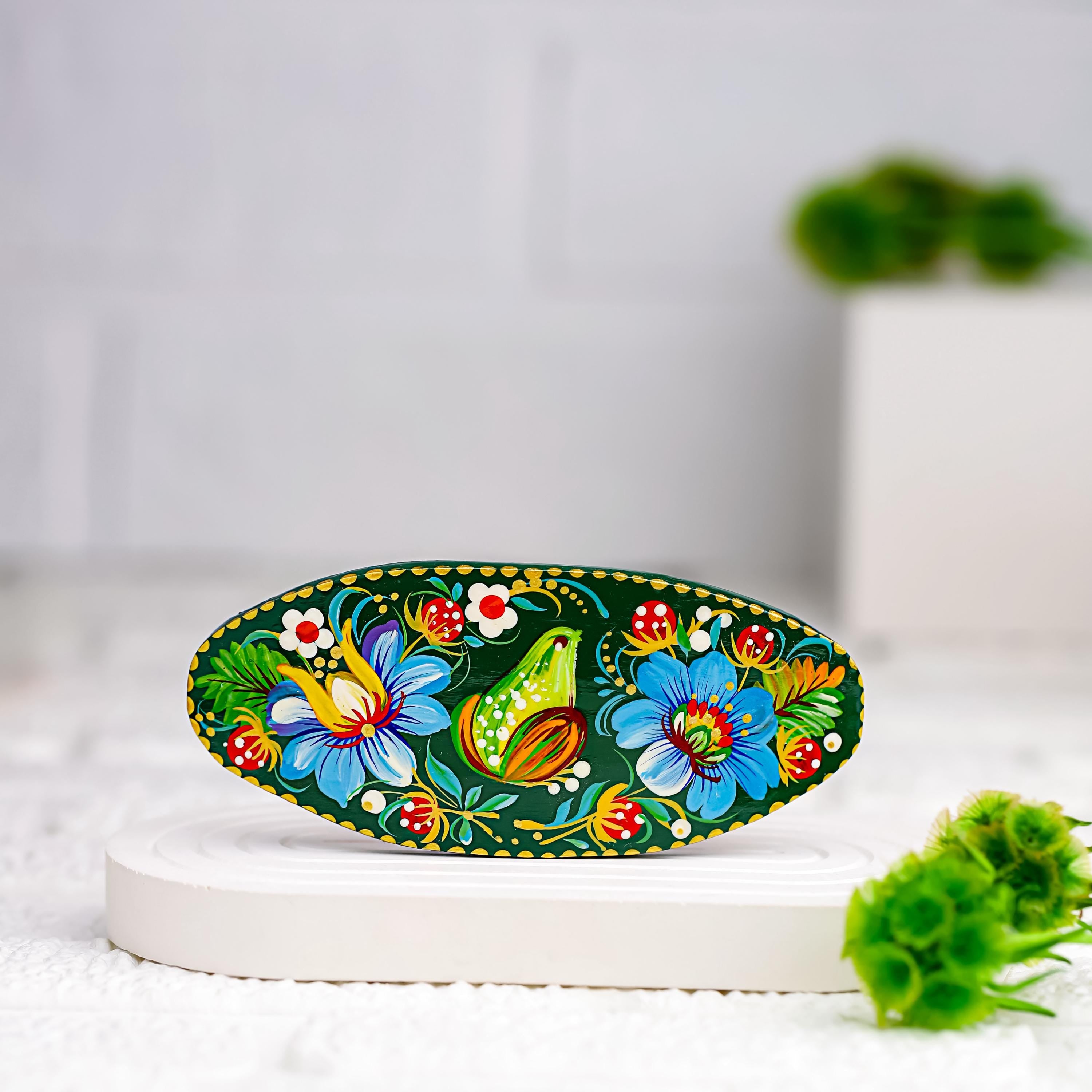 Painted Wooden Frog Hair Barrette - Large Oval Green Hair Clip with Ukrainian Petrykivka Art