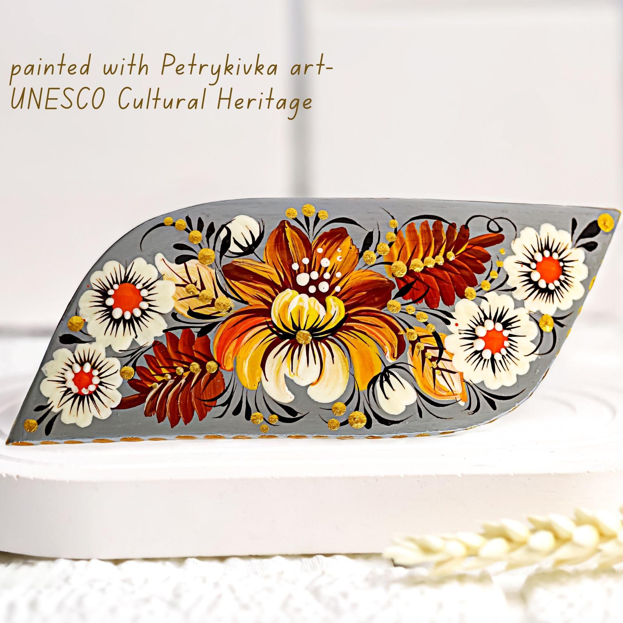 Painted Wooden Hair Barrette - Handmade Flower Hair Clip with Ukrainian Petrykivka Art