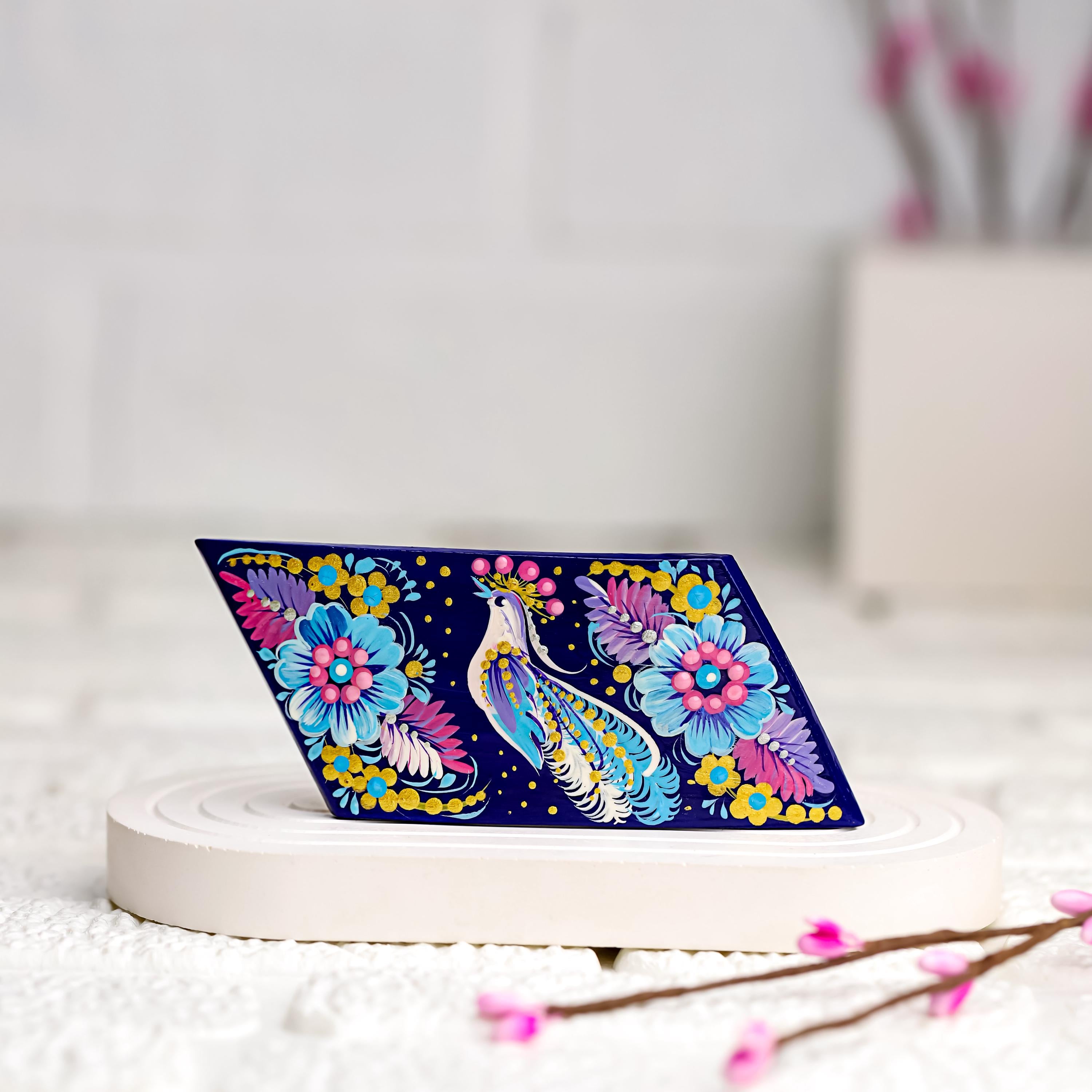 Painted Wooden Hair Barrette - Handmade Purple Bird Hair Clip with Ukrainian Petrykivka Art