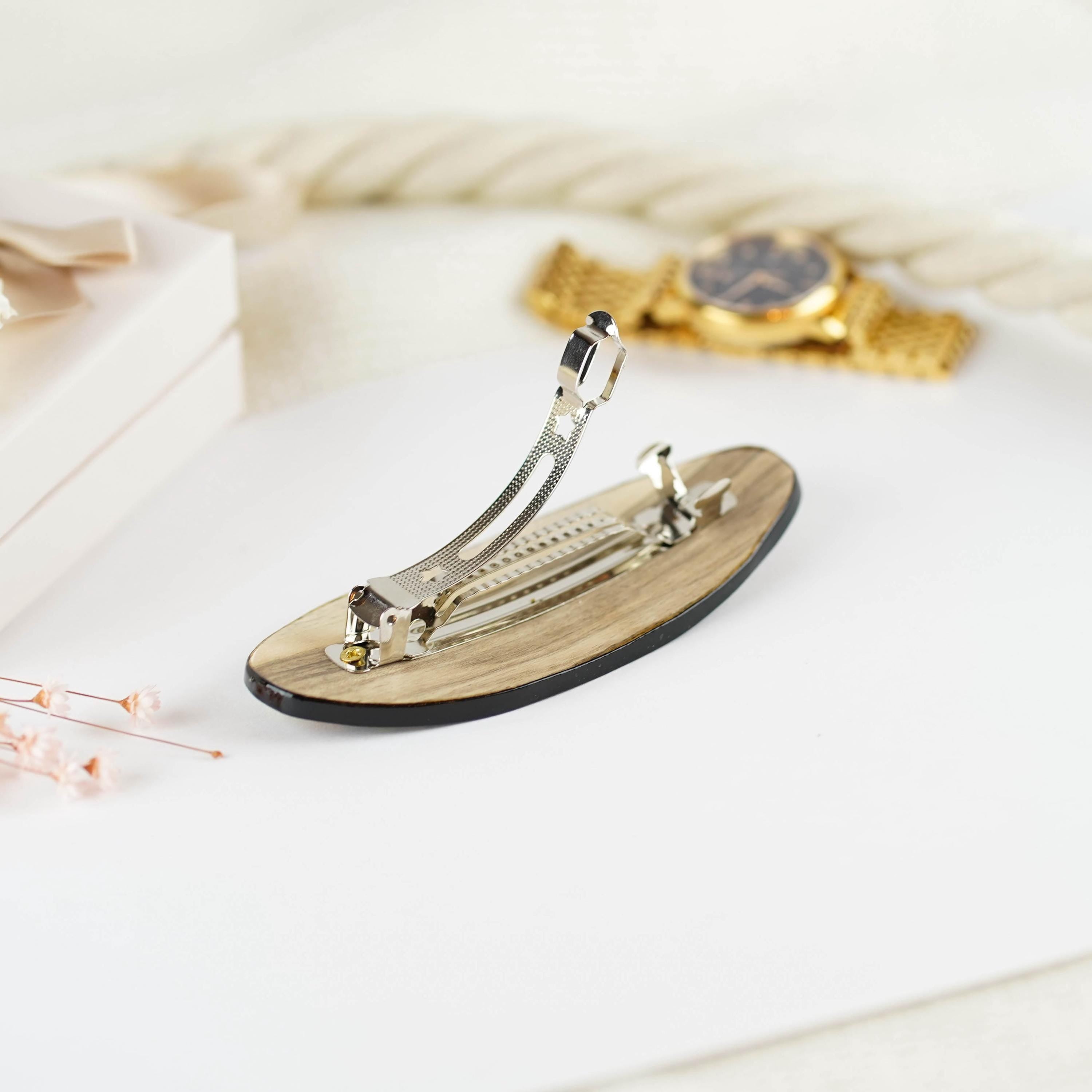 Painted Wooden Hair Barrette - Large Oval Bird Hair Clip with Ukrainian Petrykivka Art