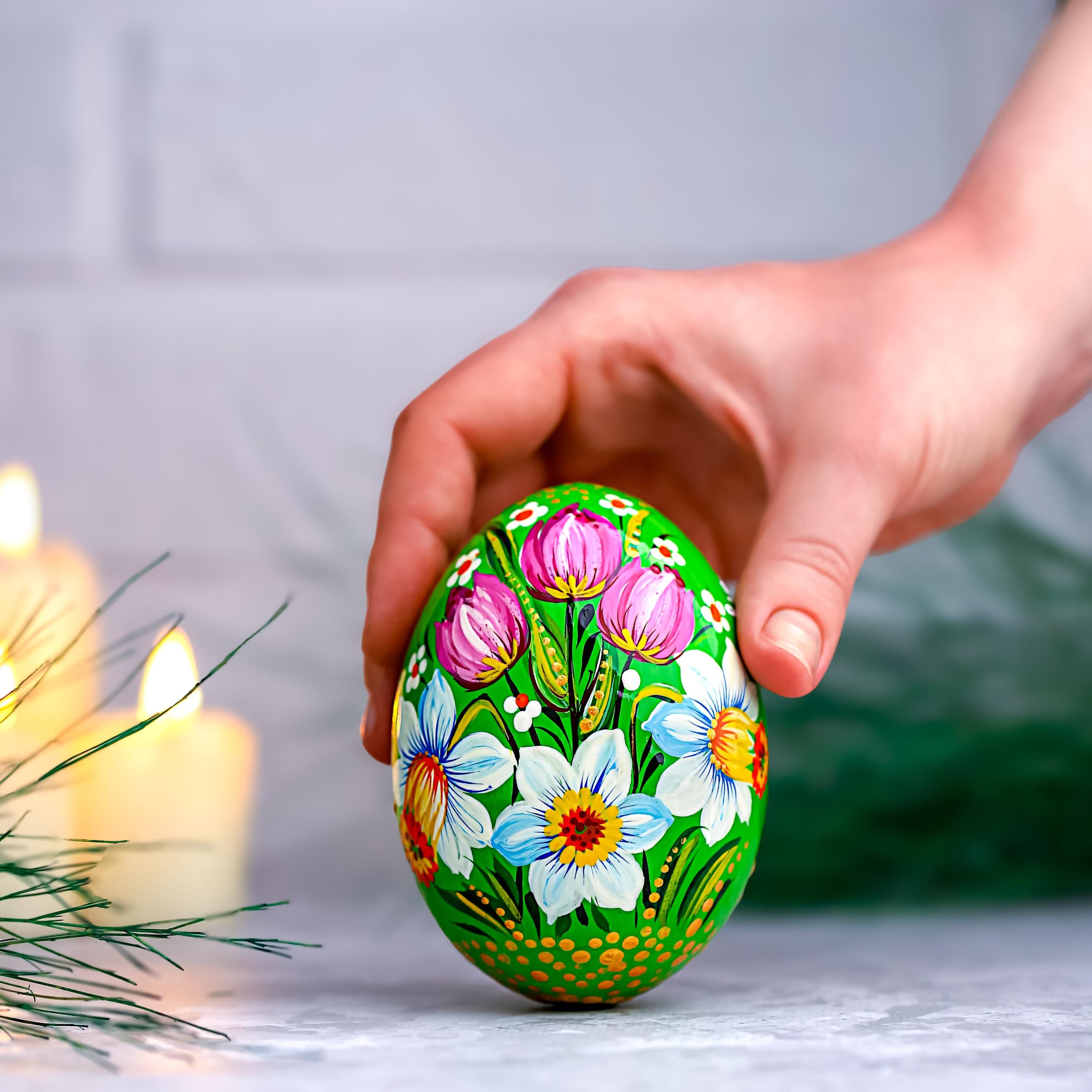 Painted Wooden Egg - Personalized Daffodil & Tulip Easter Decoration, Ukrainian Petrykivka Pysanky Eggs