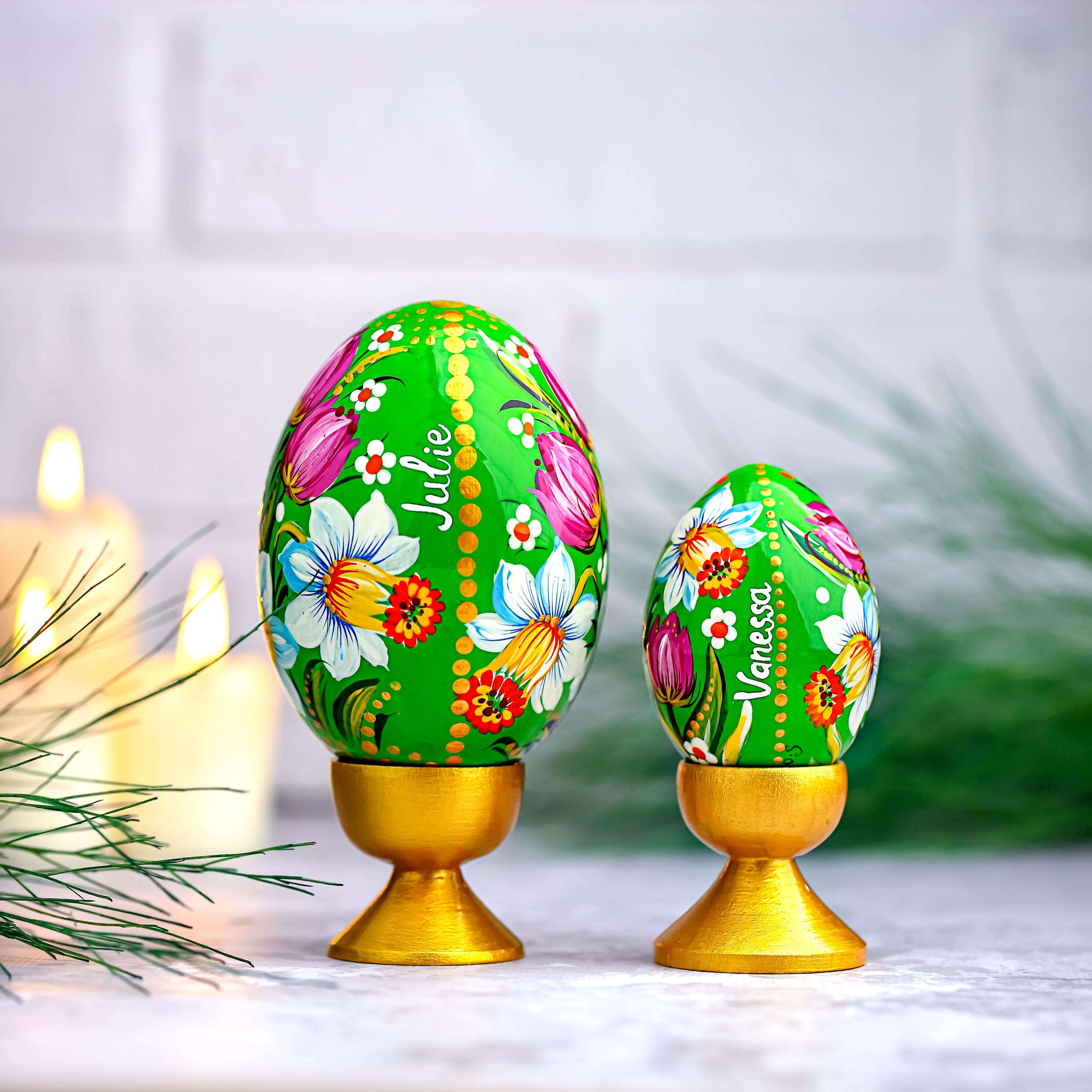 Personalized Painted Wooden Egg - Ukrainian Petrykivka Pysanky Eggs, Daffodil & Tulip Easter Decoration