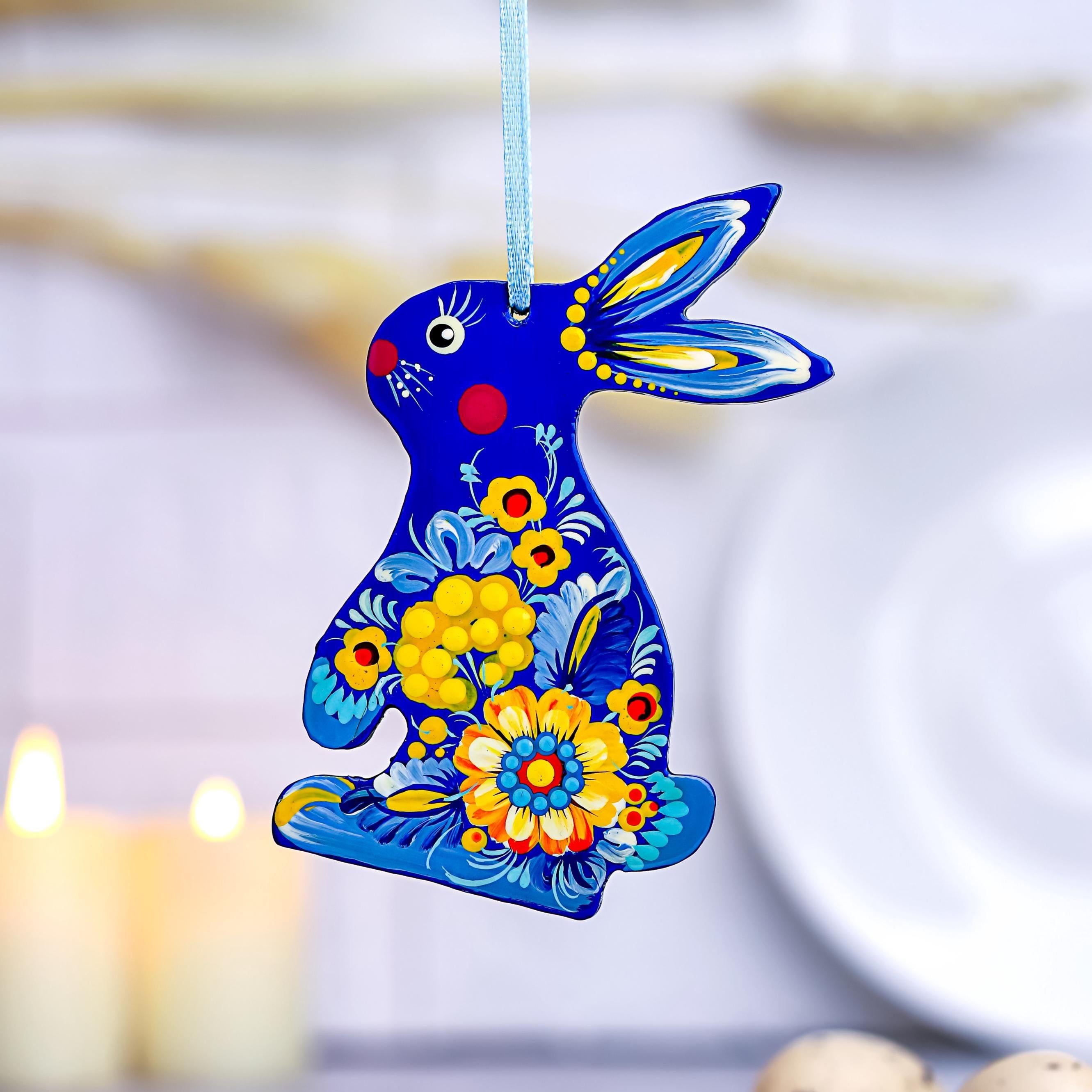 Painted Wooden Easter Bunny Ornament - Personalized Ukrainian Petrykivka Decoration