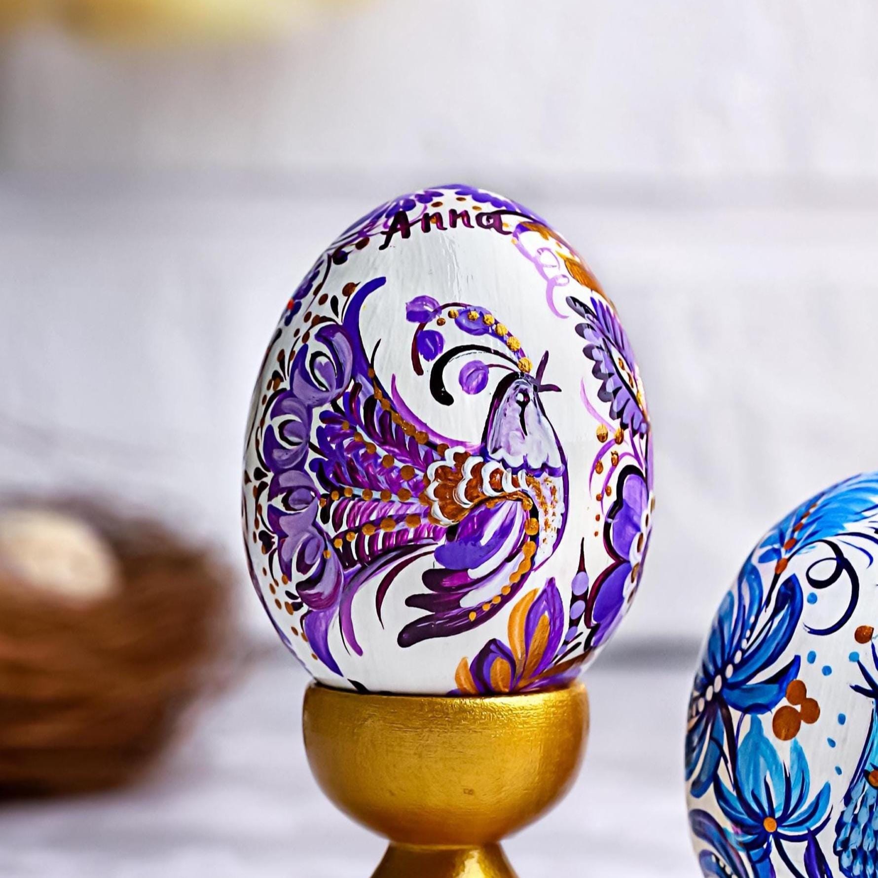 Painted Wooden Bird Easter Egg - Personalized Ukrainian Pysanky with Petrykivka Art