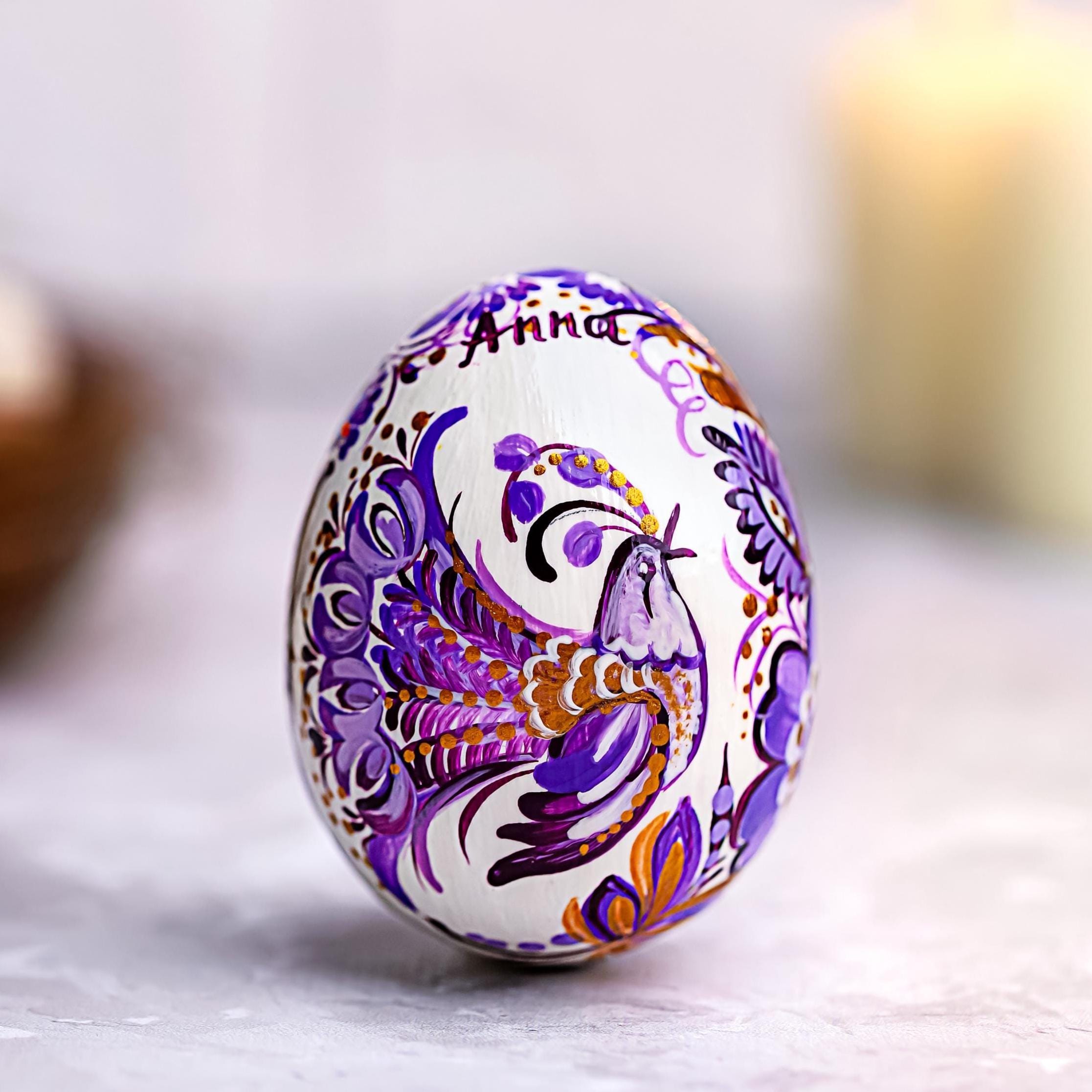 Painted Wooden Bird Easter Egg - Personalized Blue Bird Ukrainian Pysanky with Petrykivka Art