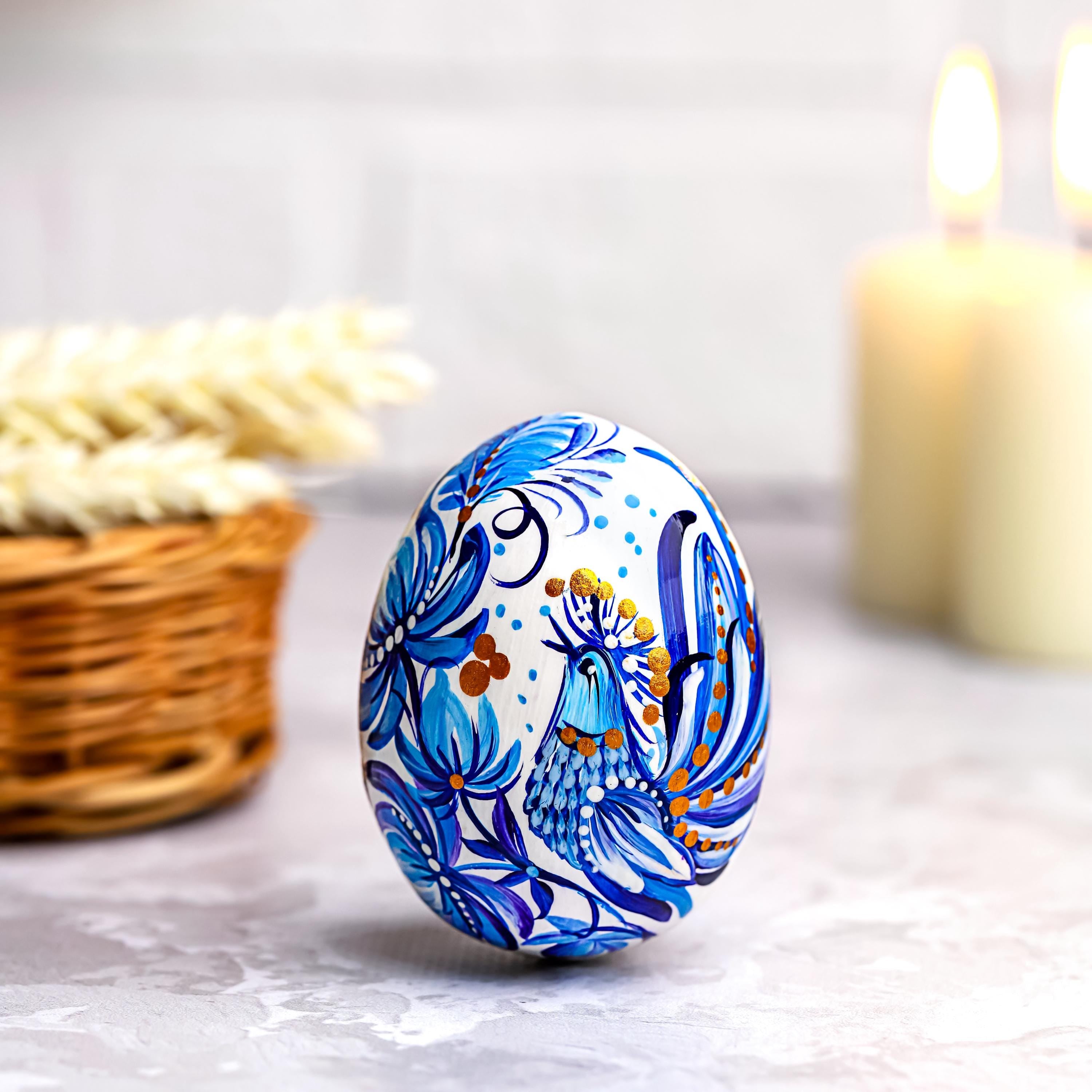Painted Wooden Bird Easter Egg - Personalized Blue Bird Ukrainian Pysanky with Petrykivka Art