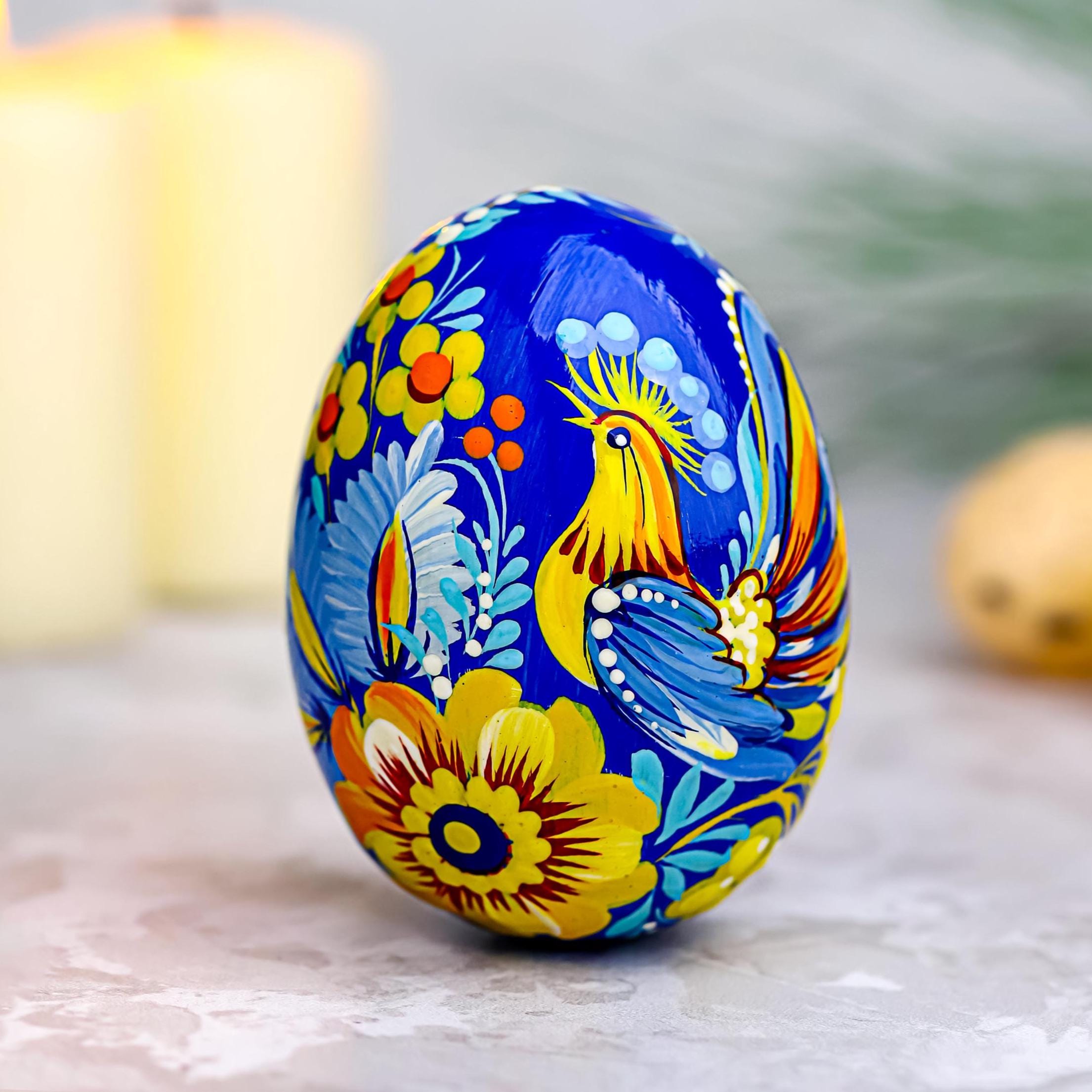 Painted Wooden Bird Easter Egg - Personalized Ukrainian Pysanky with Petrykivka Art