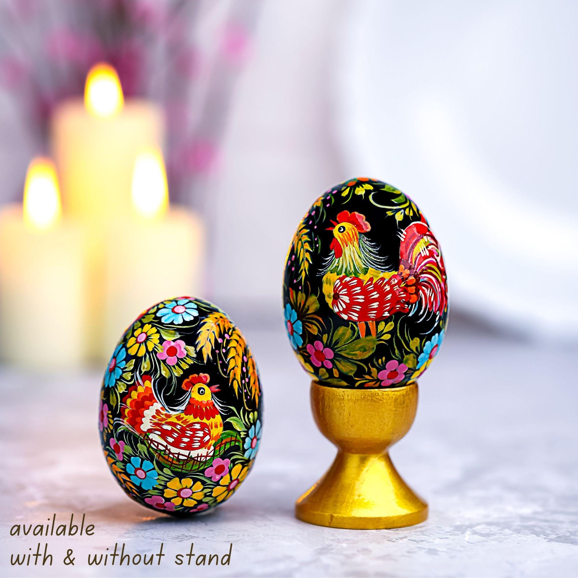 Painted Wooden Chicken Egg - Ukrainian Pysanky - Petrykivka Rooster & Hen Easter Decoration