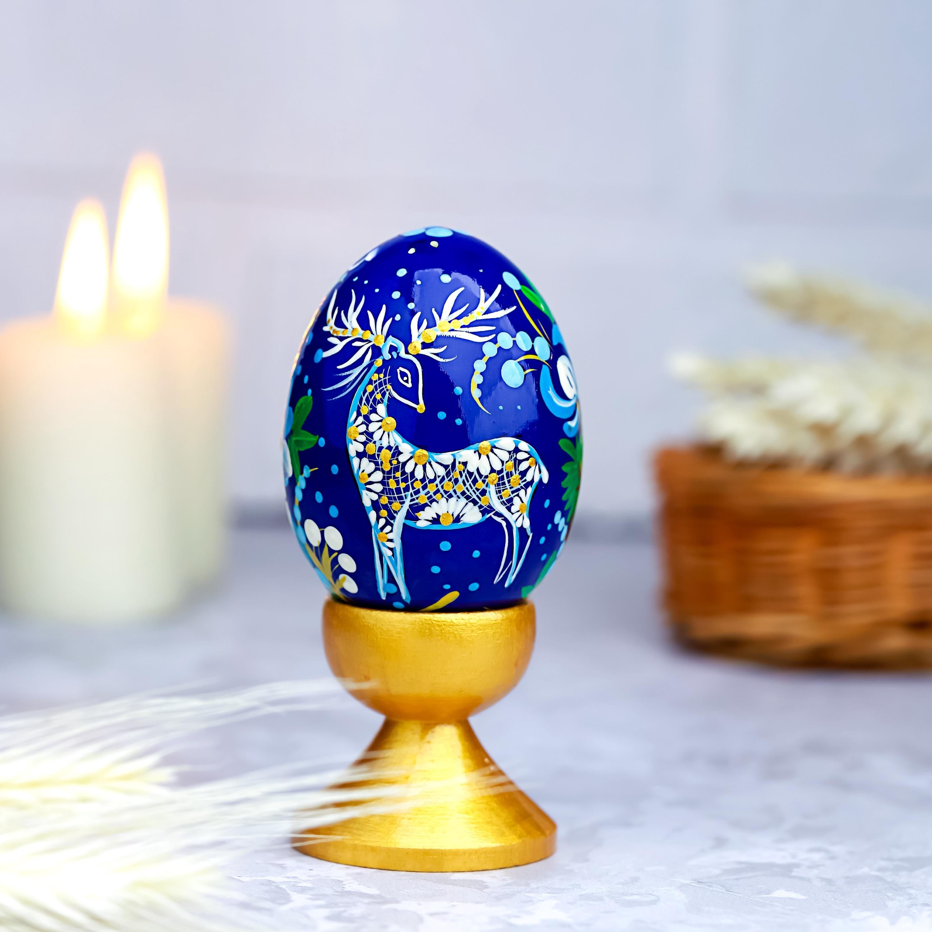 Painted Wooden Egg - Personalized Deer Easter Decoration, Ukrainian Petrykivka Pysanky Eggs