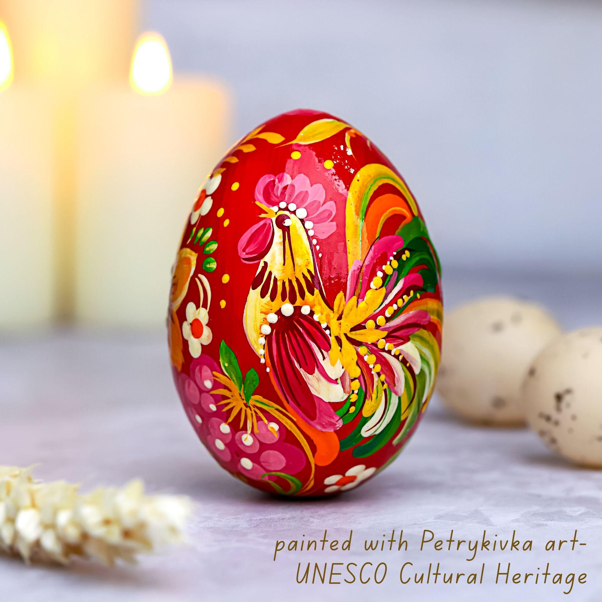 Painted Wooden Rooster Egg - Ukrainian Pysanky - Petrykivka Easter Decoration