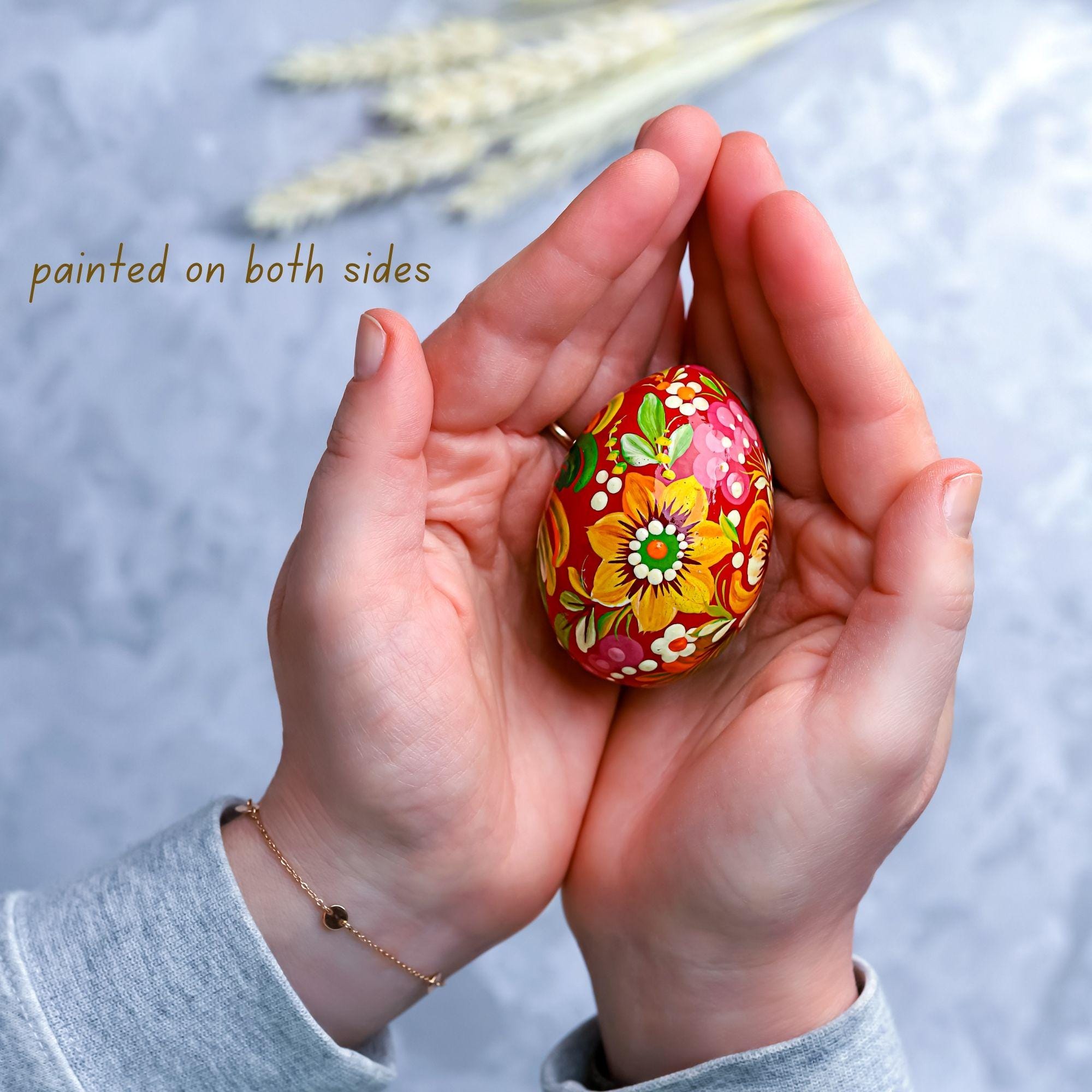 Painted Wooden Rooster Egg - Ukrainian Pysanky - Petrykivka Easter Decoration