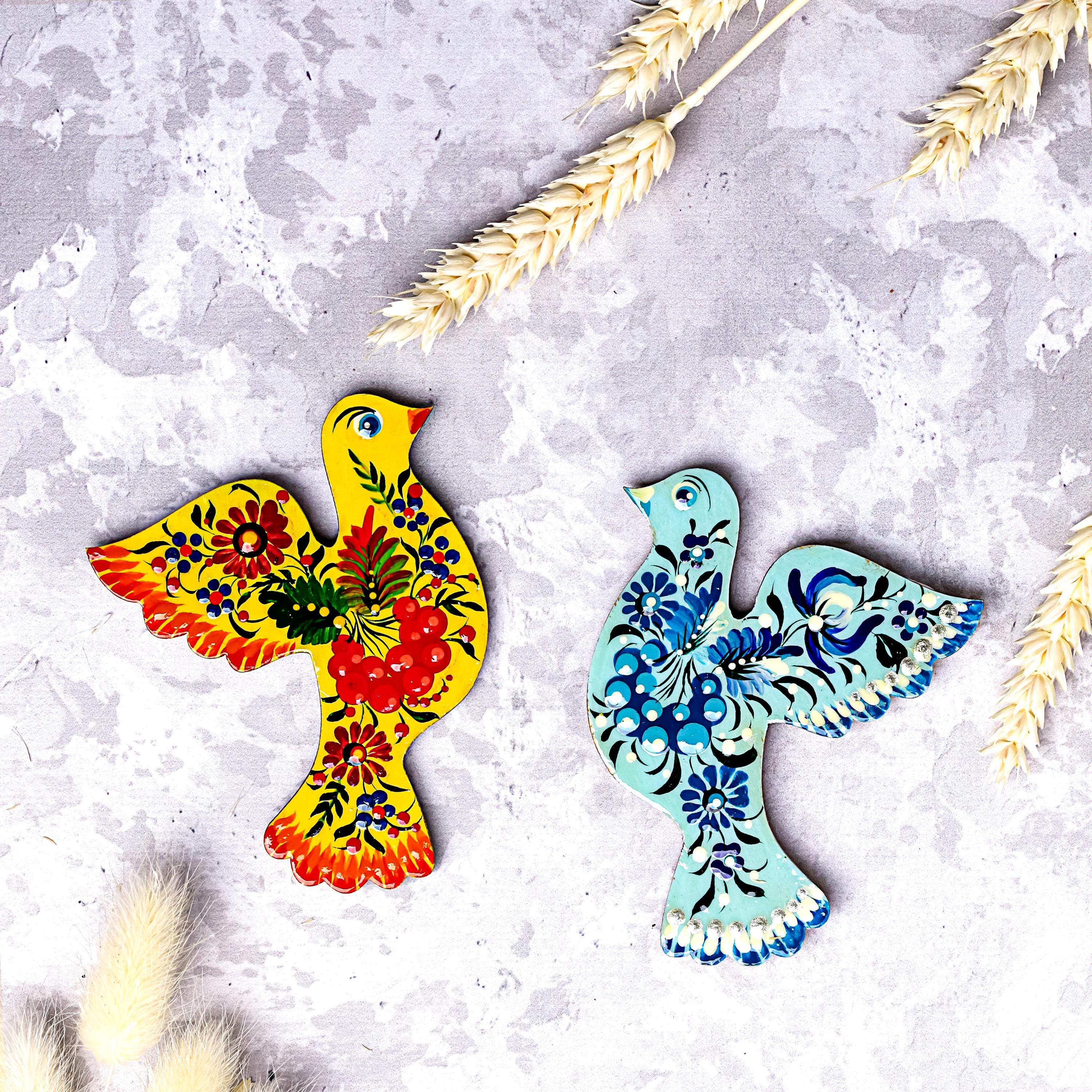 Painted Wooden Dove Fridge Magnets - Ukrainian Petrykivka Pigeon Bird Magnets