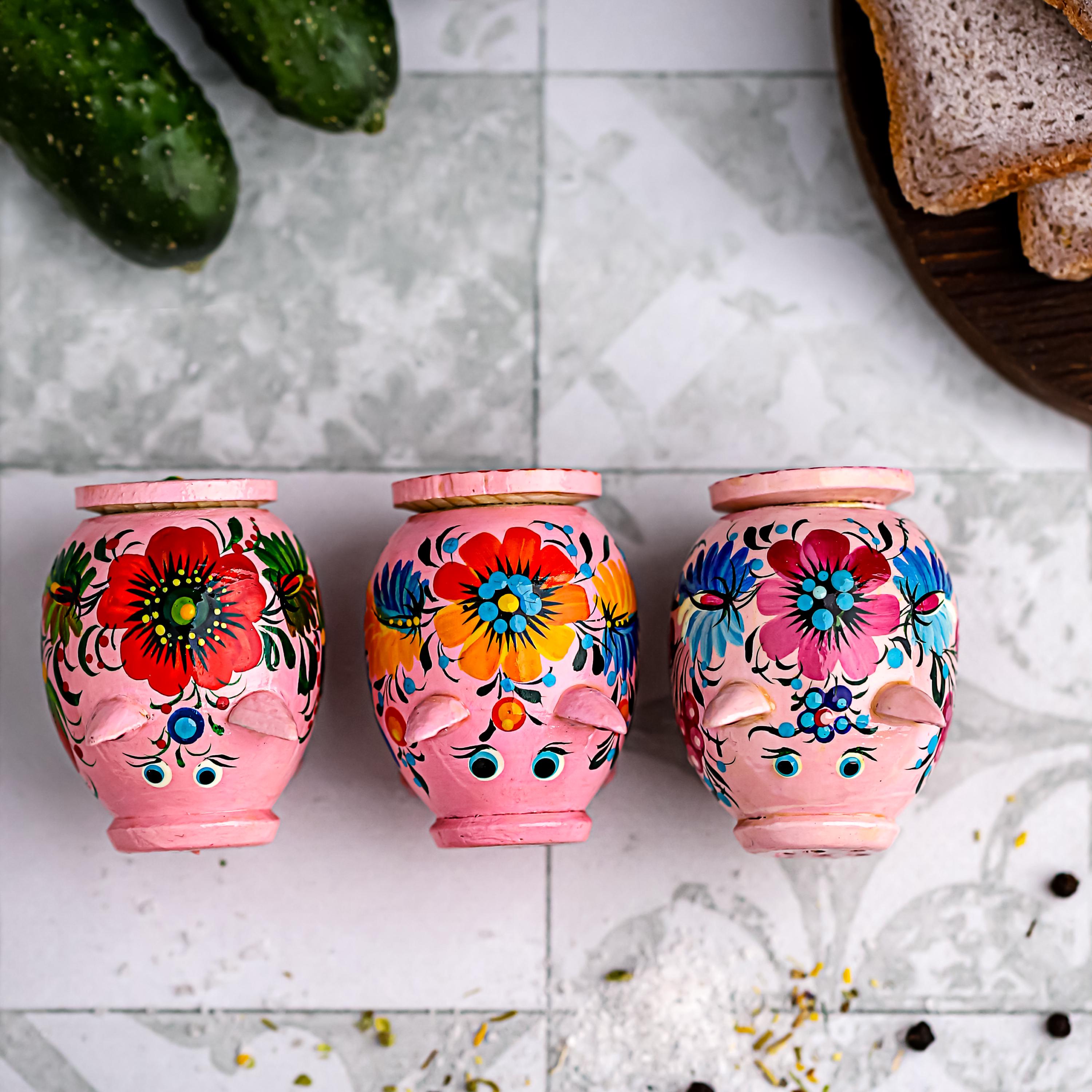 Wooden Pig Salt & Pepper Shaker Hand Painted with Petrykivka Art, Tight-Seal Lid