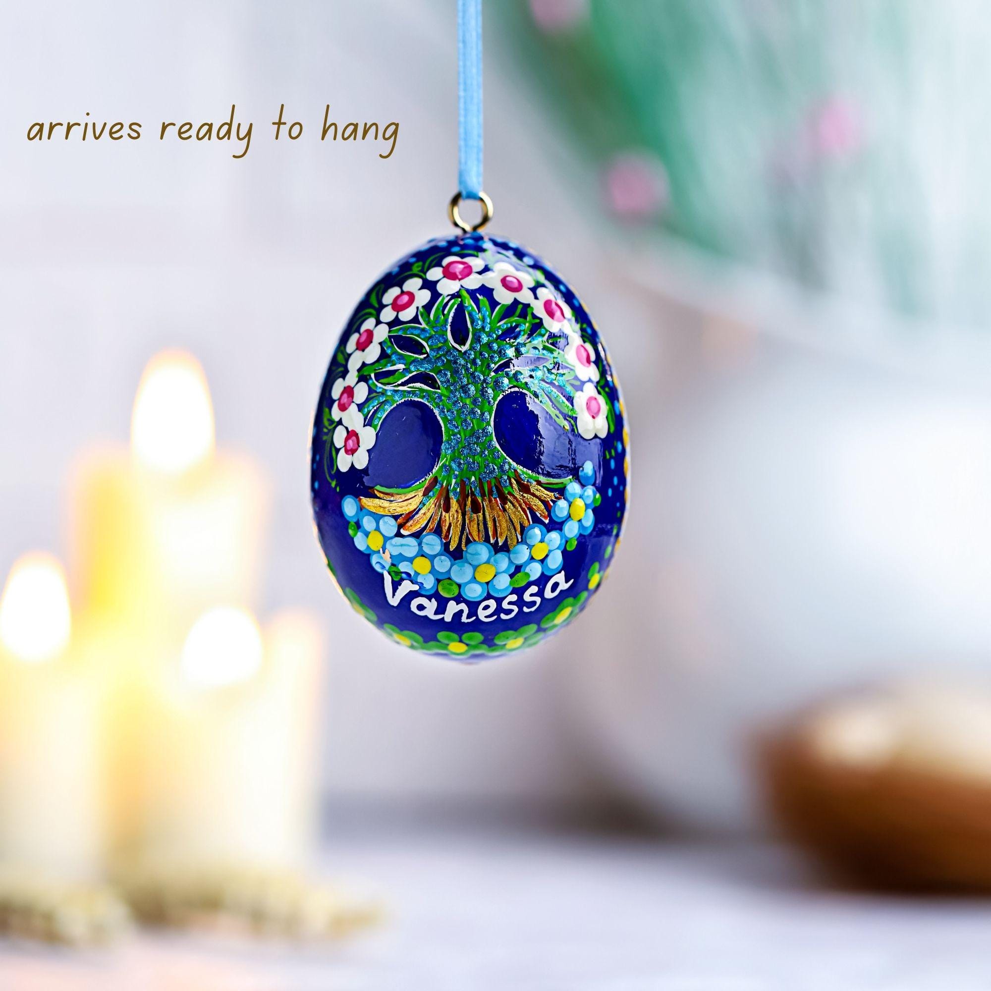 Painted Wooden Hanging Easter Egg - Personalized Tree of Life Easter Decoration, Ukrainian Petrykivka Pysanky