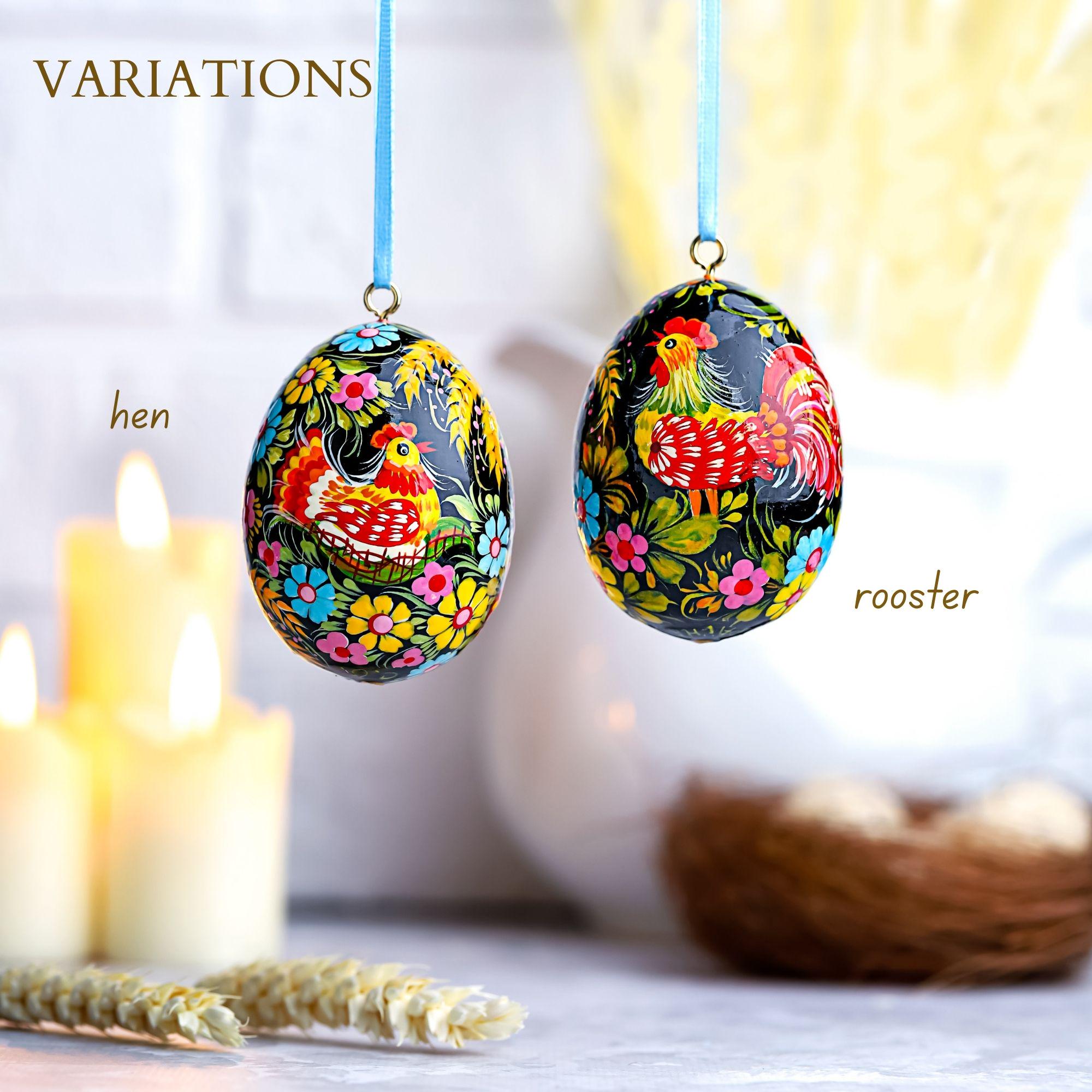 Painted Wooden Chicken Egg Ornament - Hanging Ukrainian Pysanky - Petrykivka Rooster & Hen Easter Decoration