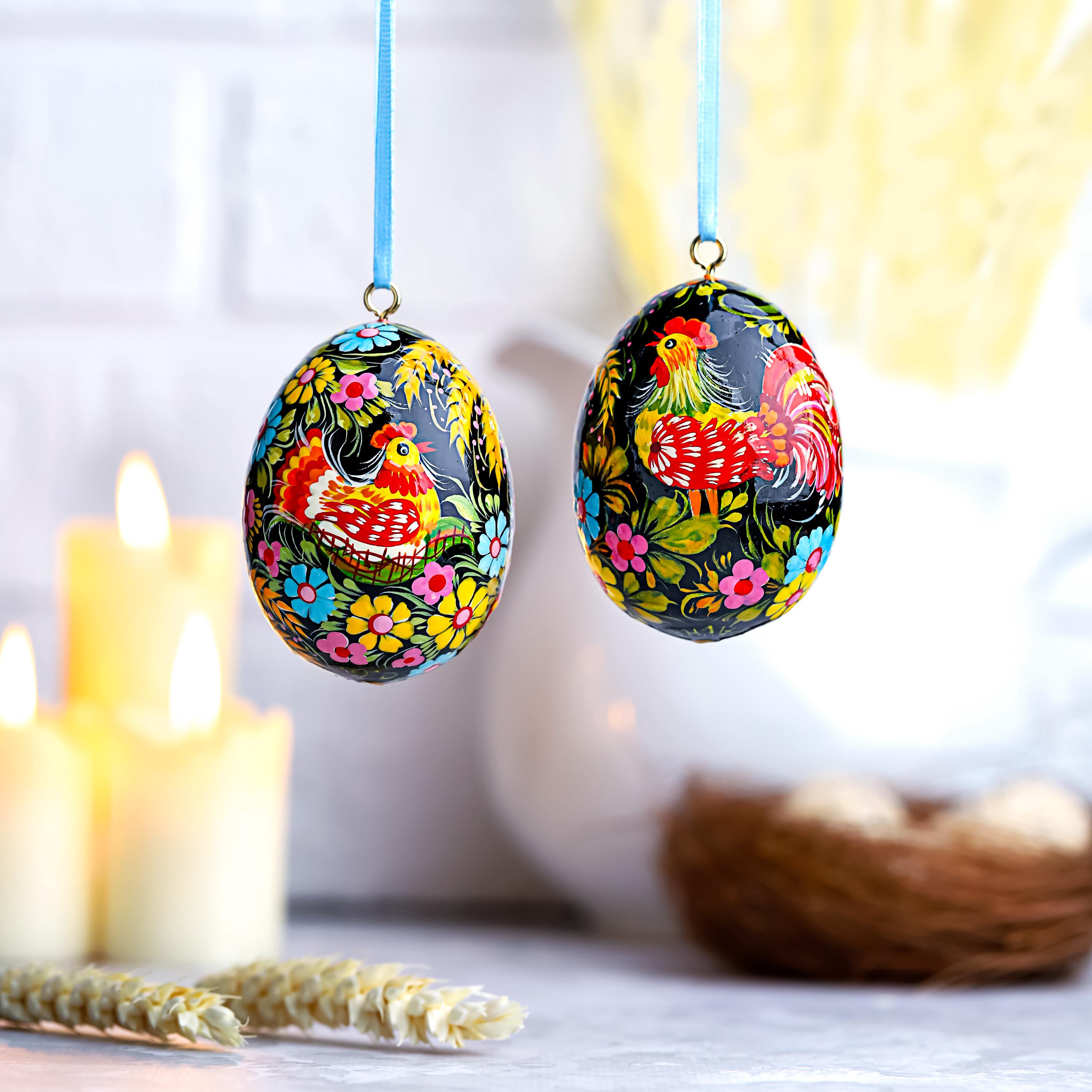 Painted Wooden Chicken Egg Ornament - Hanging Ukrainian Pysanky - Petrykivka Rooster & Hen Easter Decoration