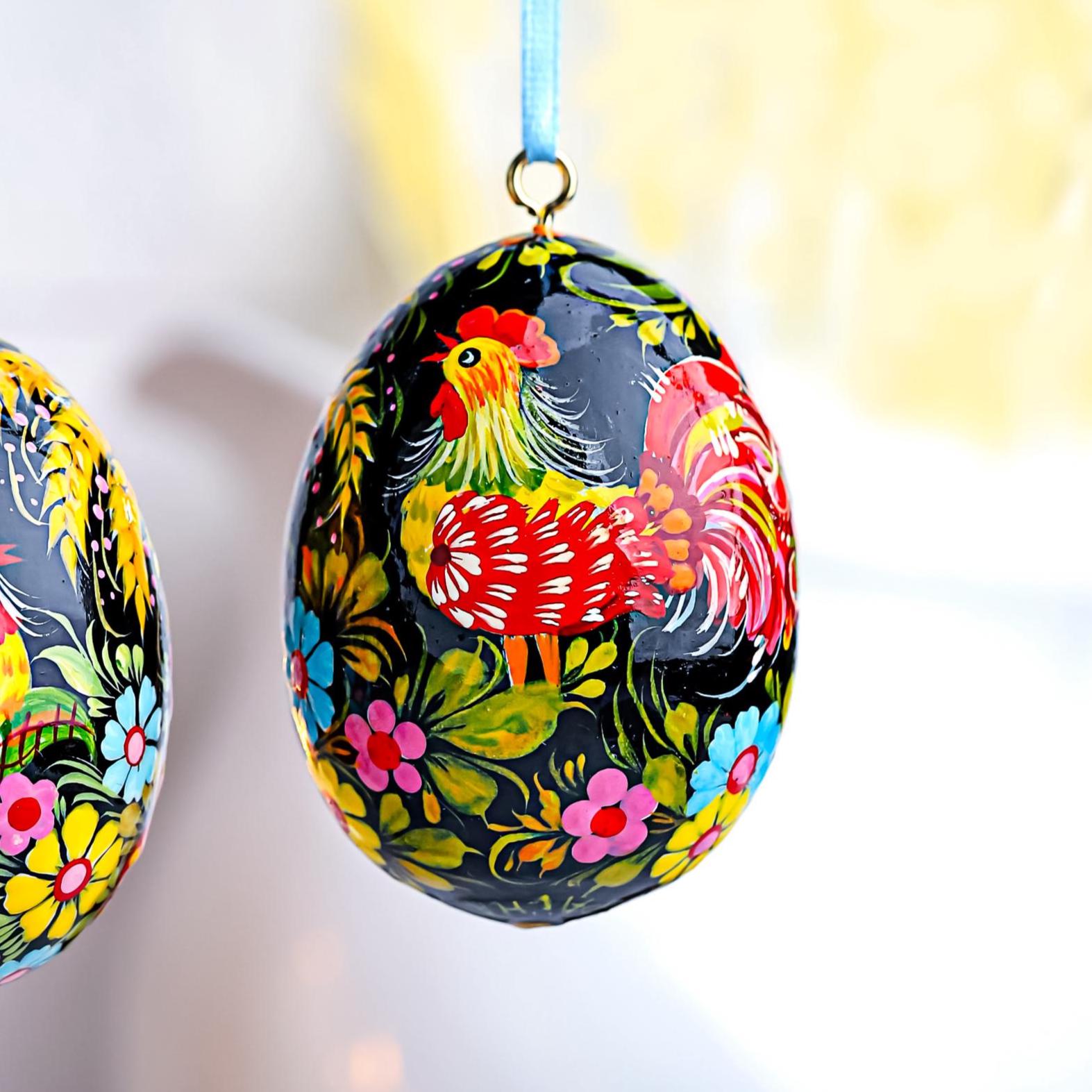 Painted Wooden Chicken Egg Ornament - Hanging Ukrainian Pysanky - Petrykivka Rooster & Hen Easter Decoration