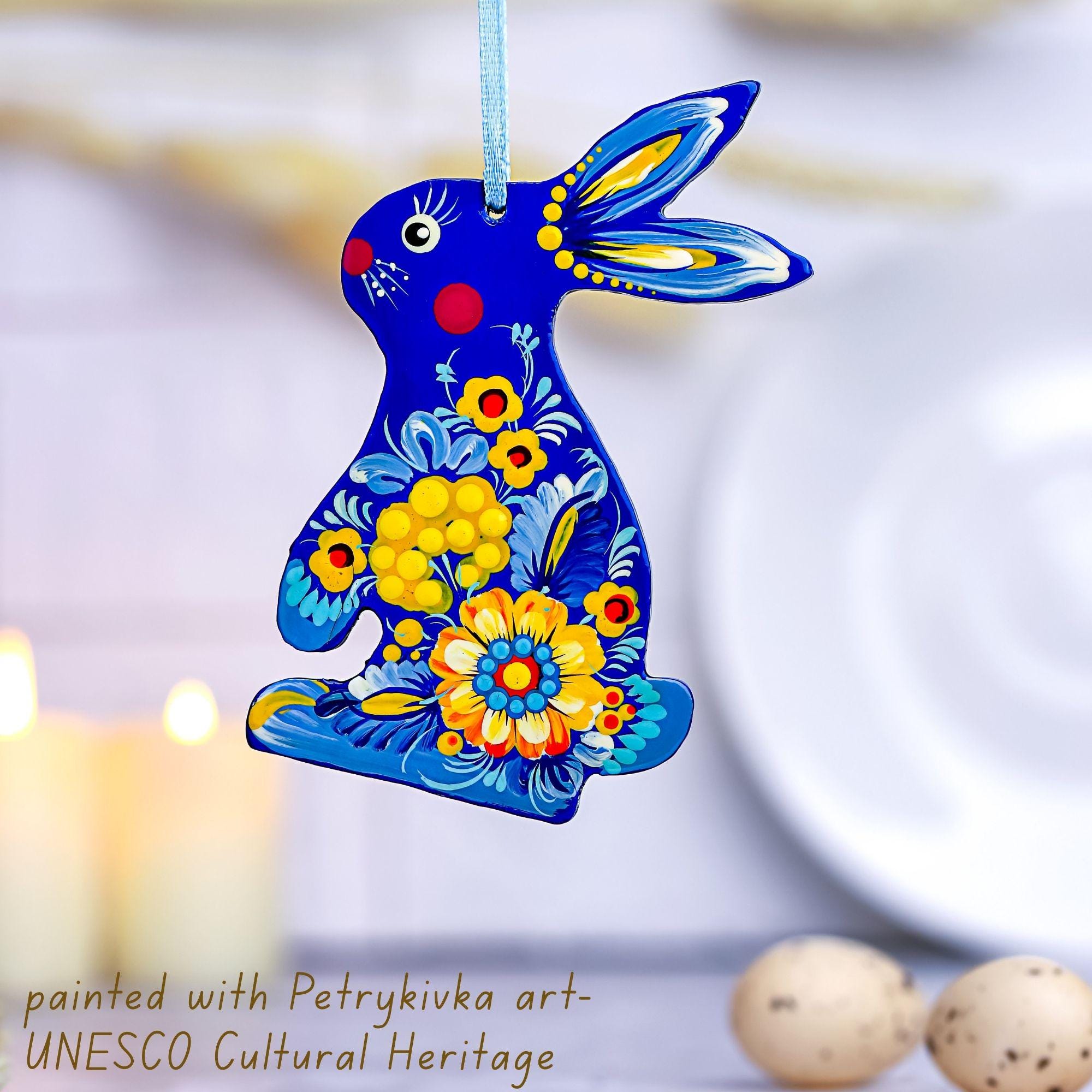 Painted Wooden Easter Bunny Ornament - Personalized Ukrainian Petrykivka Decoration