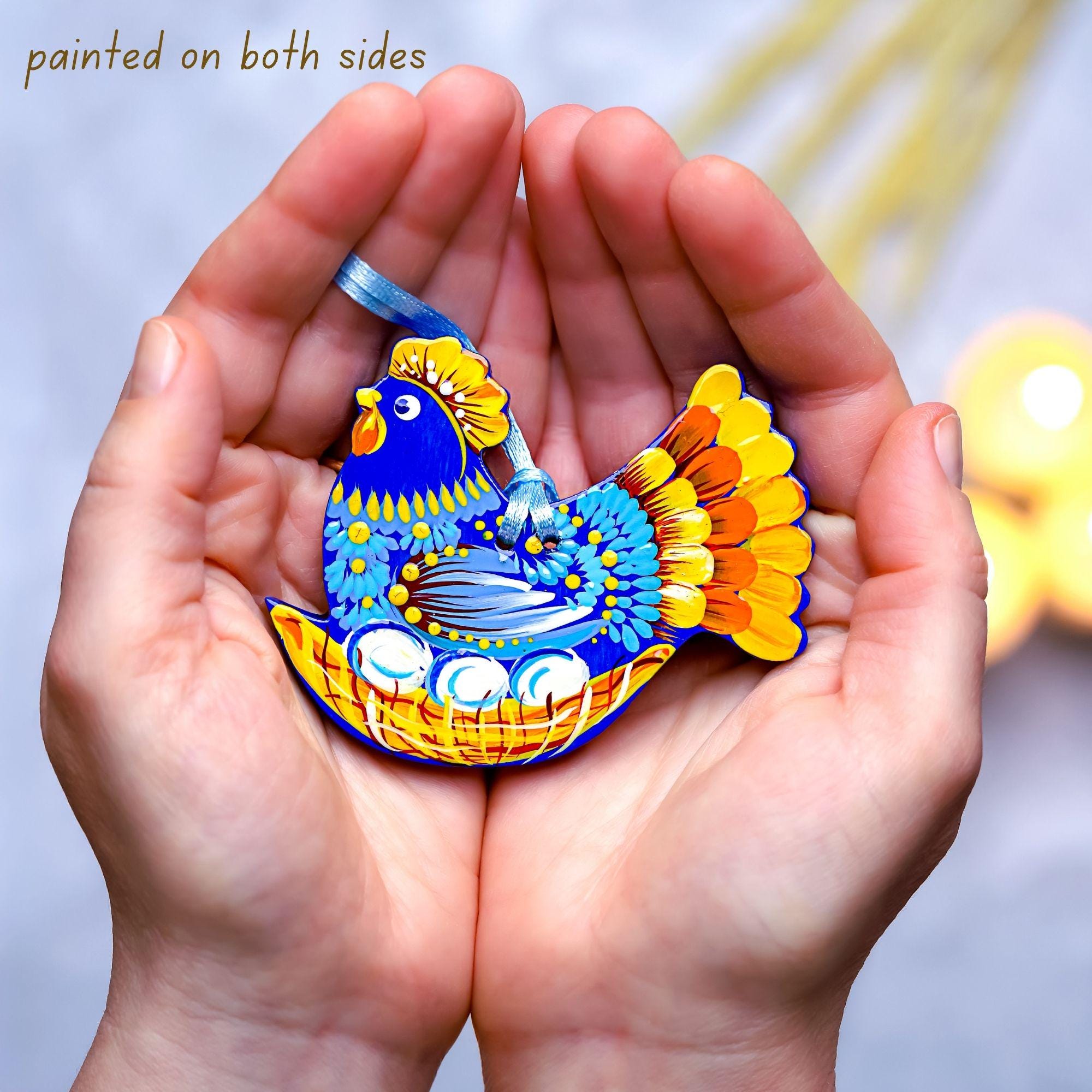 Painted Wooden Chicken Ornament - Personalized Ukrainian Petrykivka Decoration