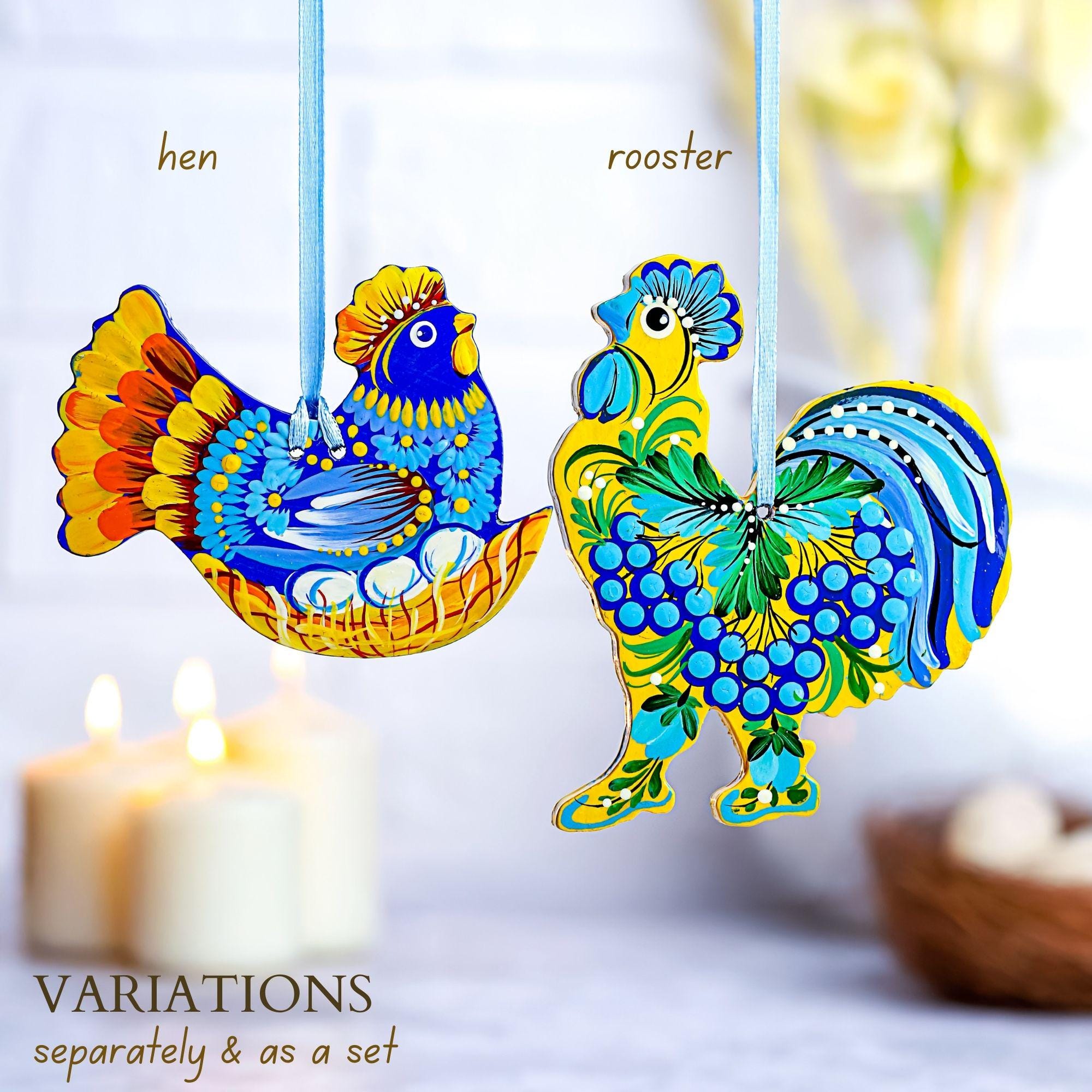 Painted Wooden Chicken Ornament - Personalized Ukrainian Petrykivka Decoration