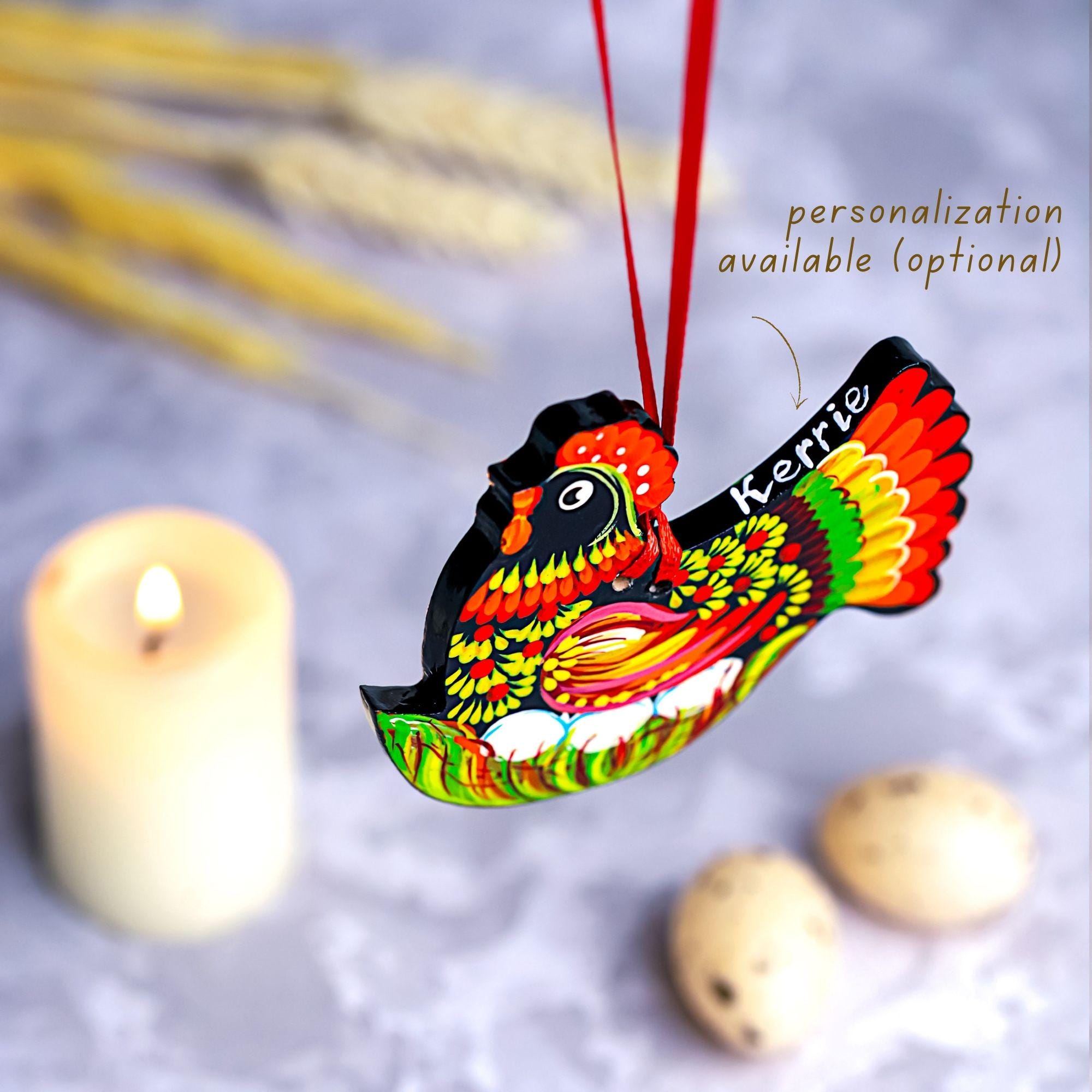 Painted Wooden Chicken Ornament - Personalized Ukrainian Petrykivka Easter Decoration