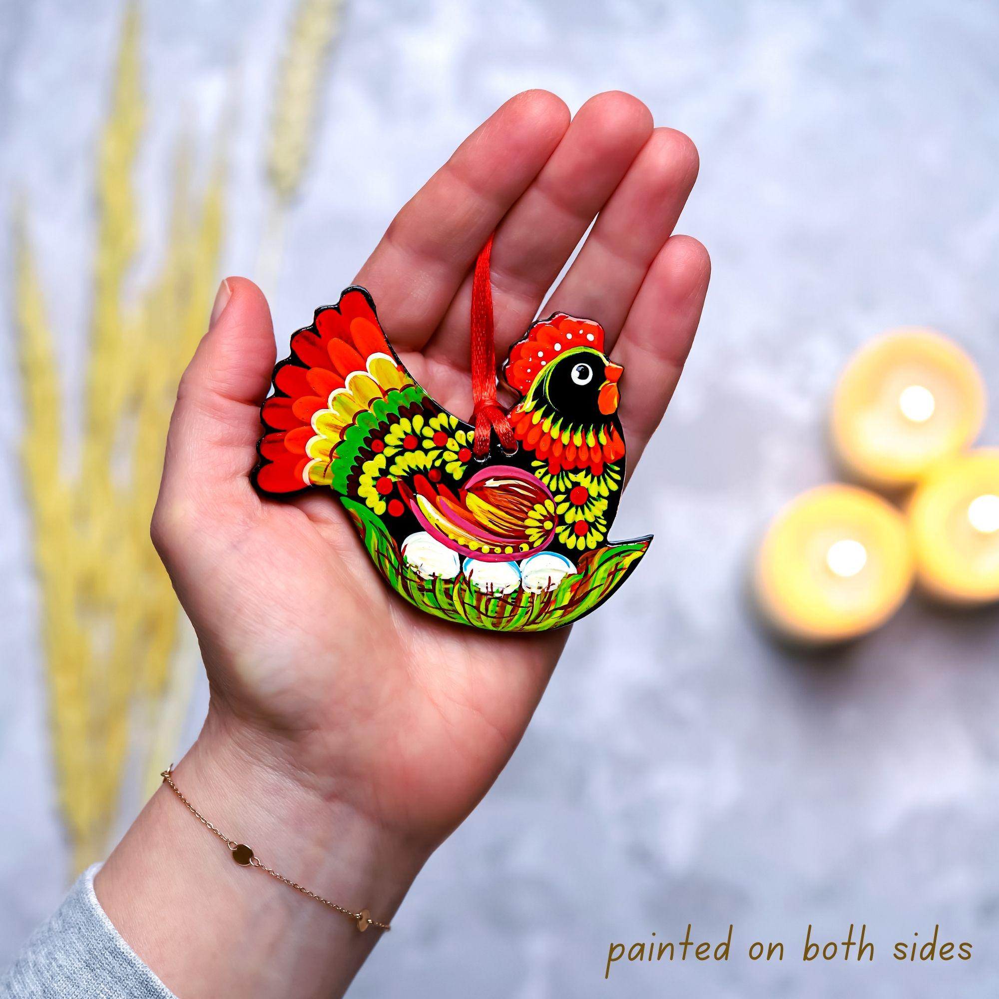 Painted Wooden Chicken Ornament - Personalized Ukrainian Petrykivka Easter Decoration