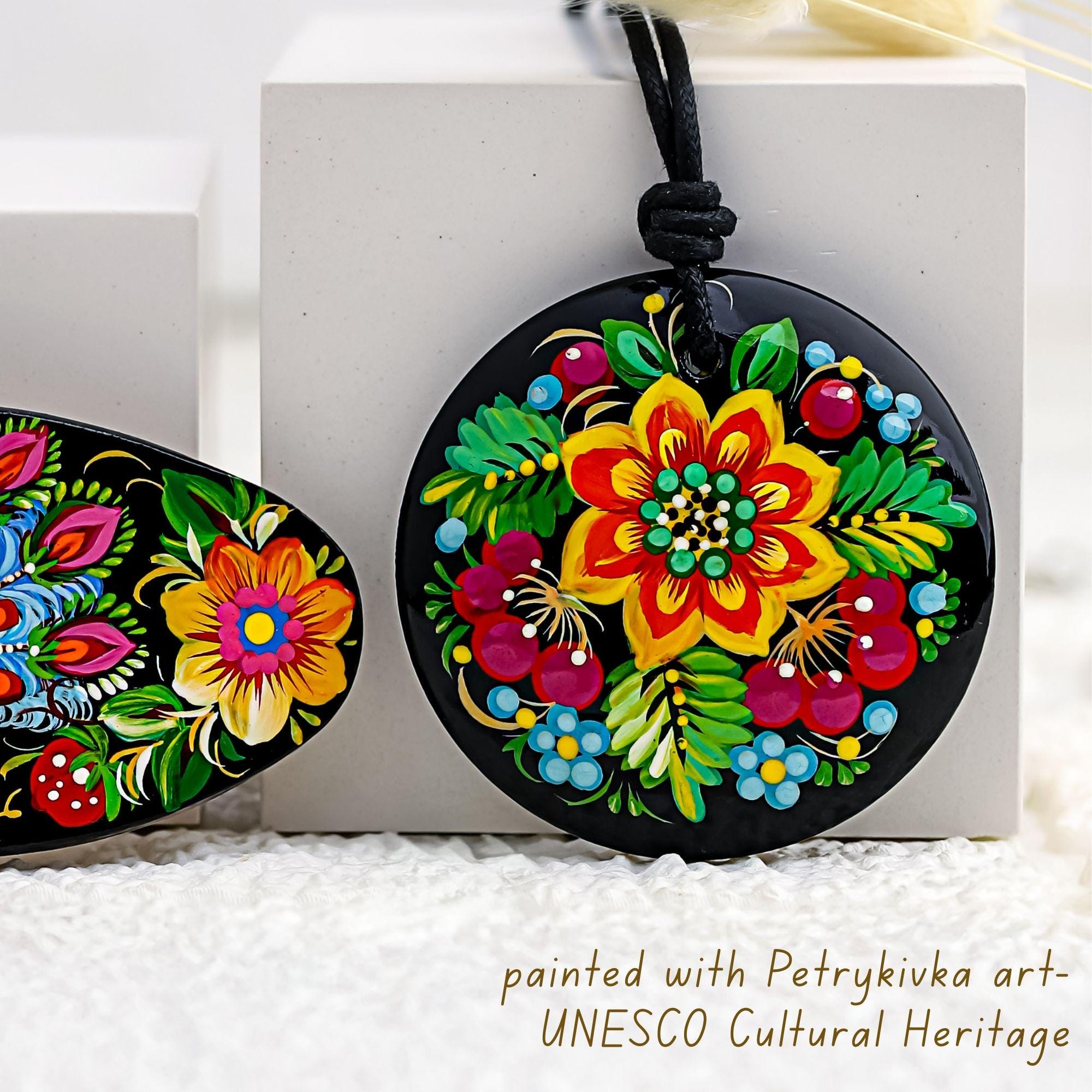Painted Wooden Pendant Necklace - Large Round Ukrainian Sunflower Petrykivka Necklace