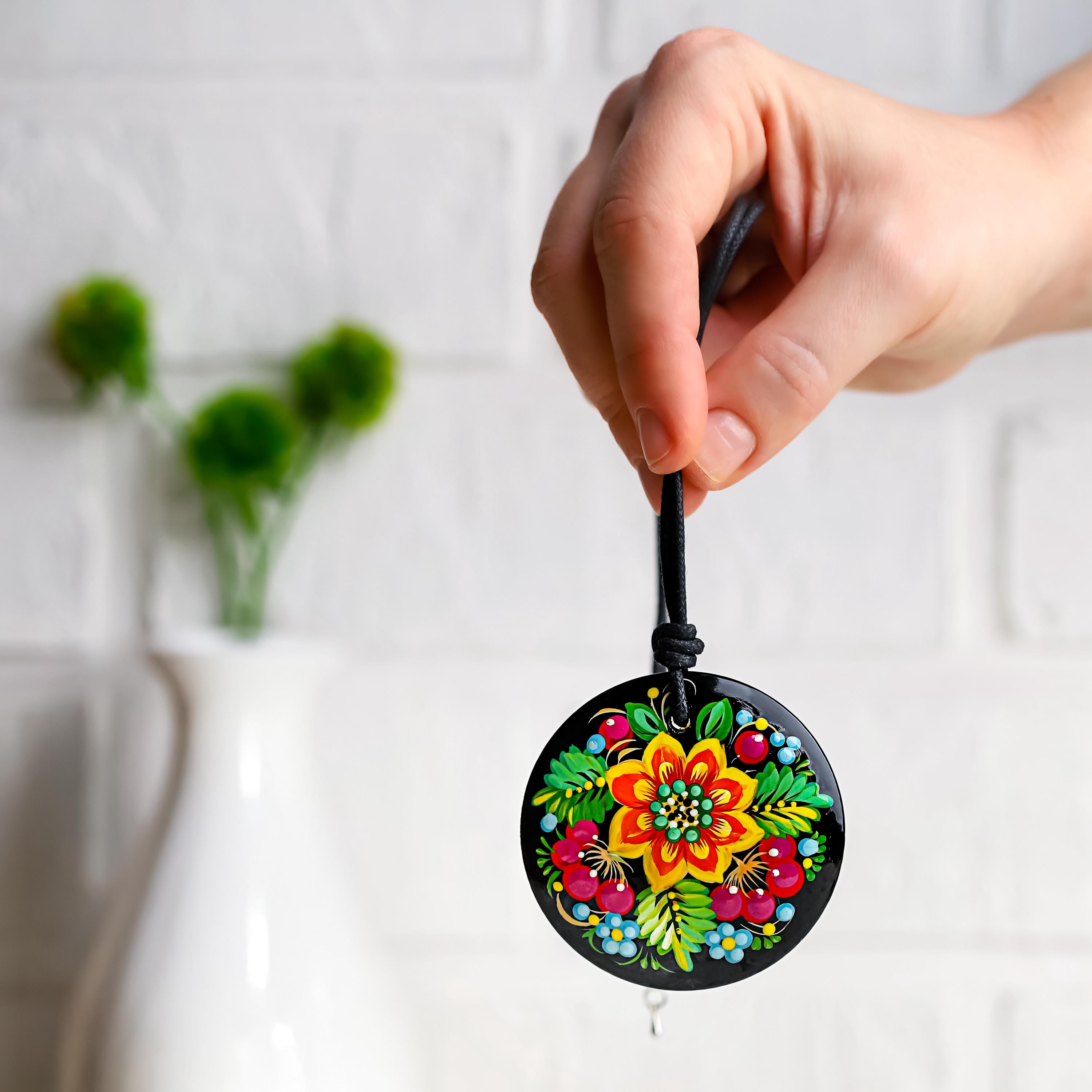 Painted Wooden Pendant Necklace - Large Round Ukrainian Sunflower Petrykivka Necklace