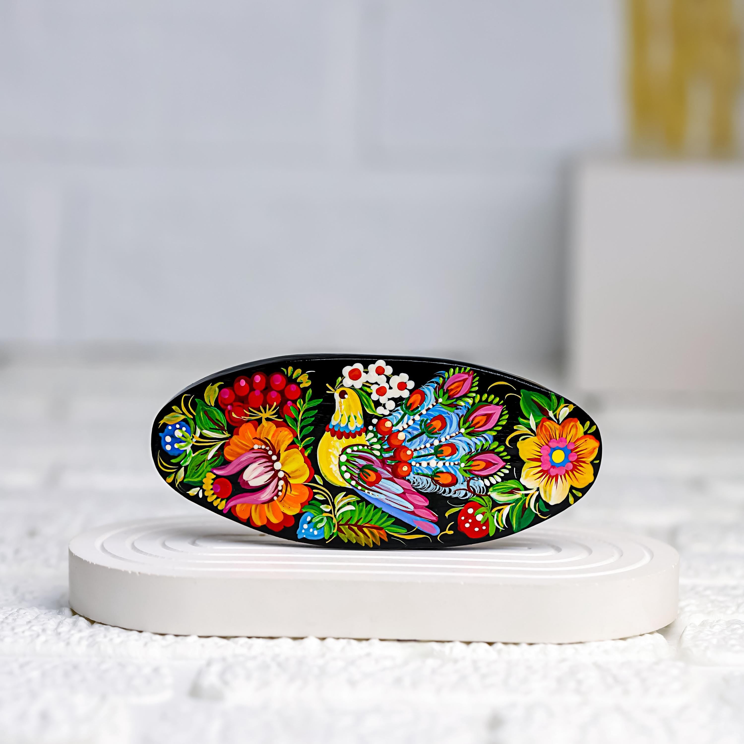 Painted Wooden Pendant Necklace - Large Round Ukrainian Sunflower Petrykivka Necklace