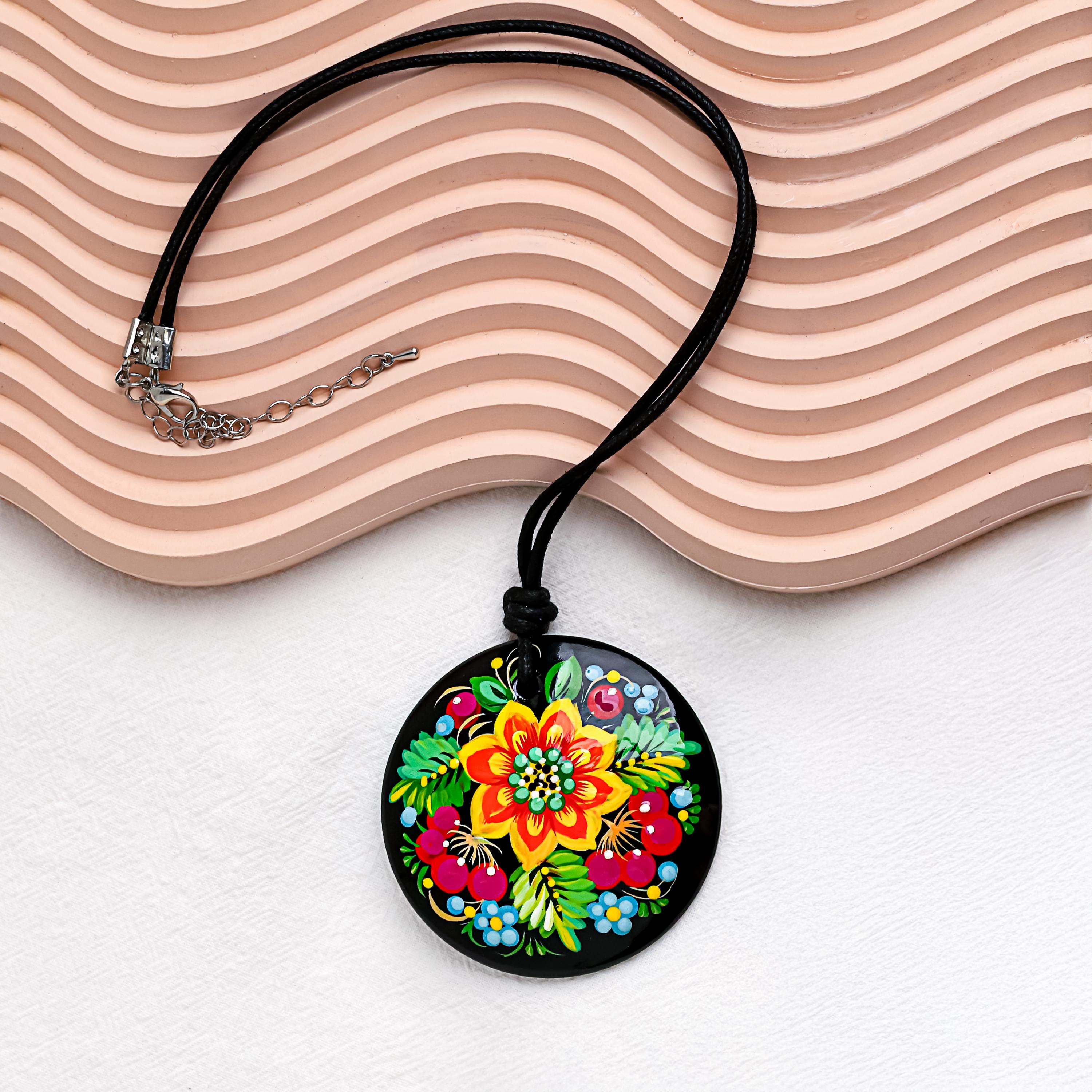 Painted Wooden Pendant Necklace - Large Round Ukrainian Sunflower Petrykivka Necklace