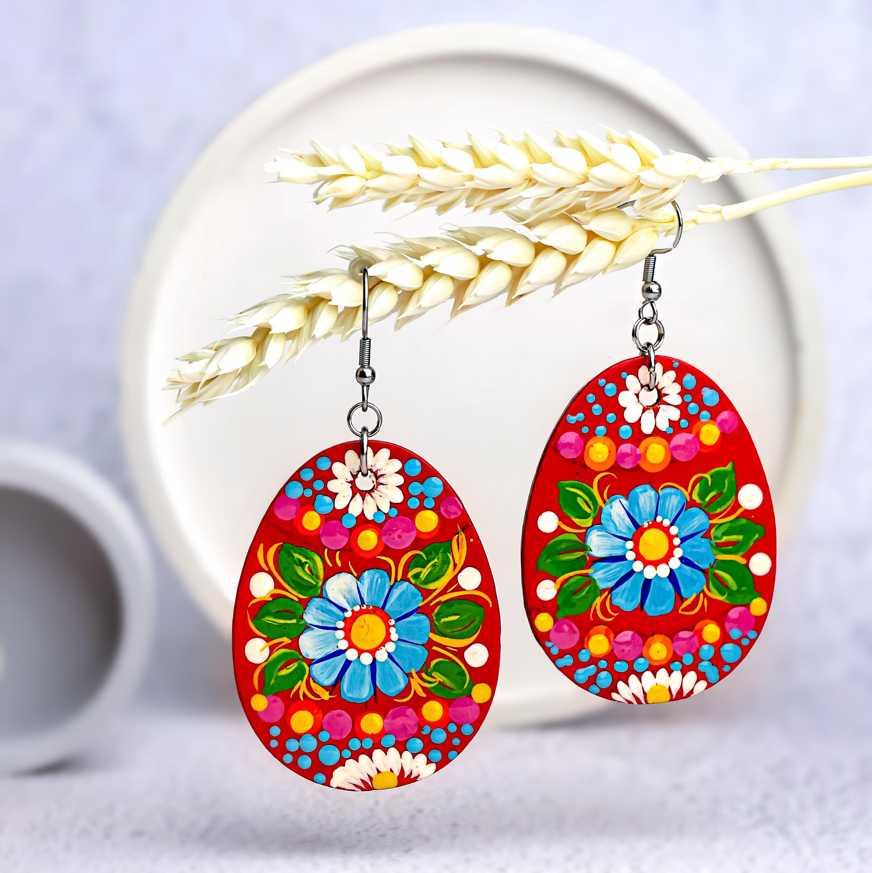 Hypoallergenic Easter Earrings - Egg-shaped Wooden Dangle Earrings - Ukrainian Pysanky Stainless Steel Jewelry