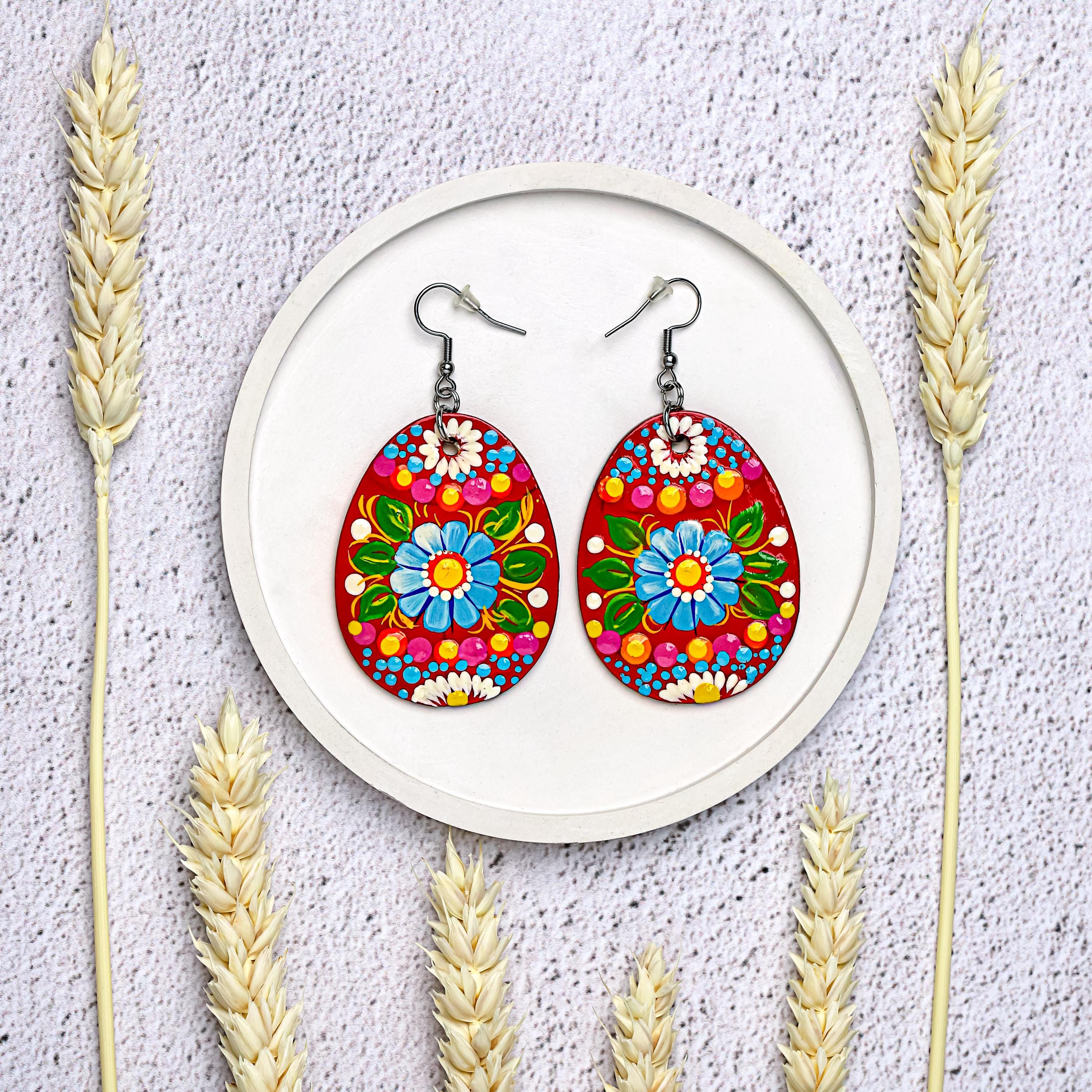 Hypoallergenic Easter Earrings - Egg-shaped Wooden Dangle Earrings - Ukrainian Pysanky Stainless Steel Jewelry